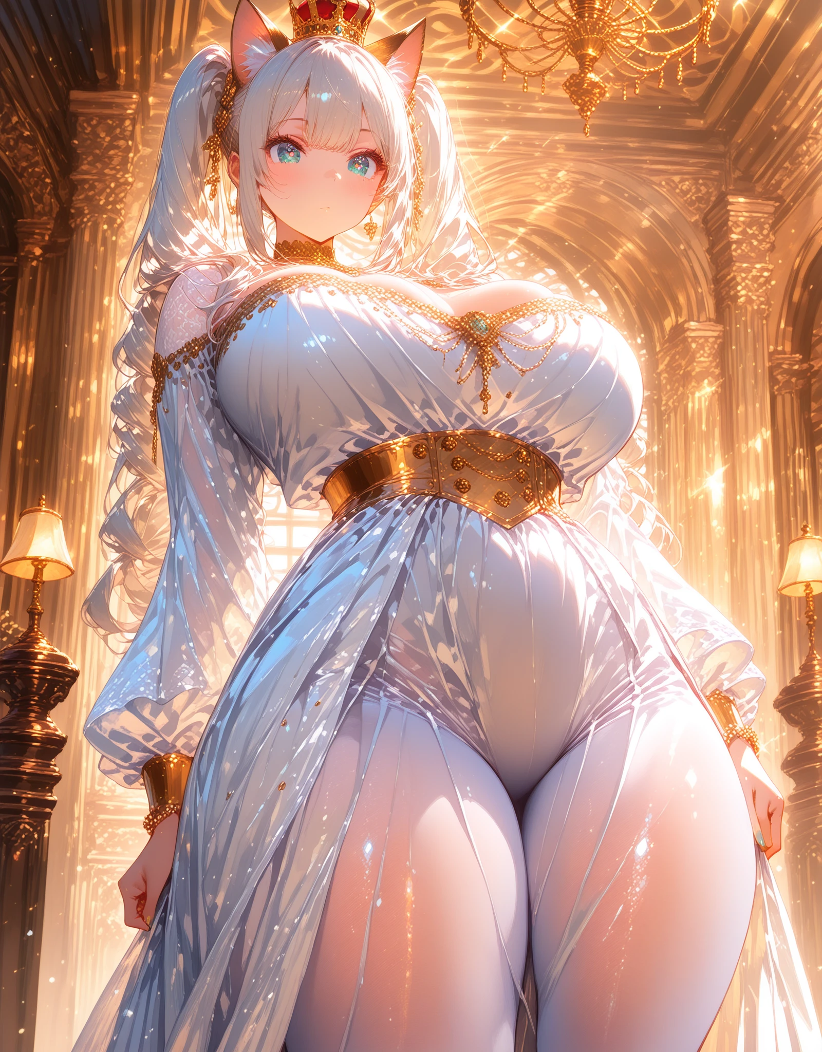finest image, portrait, beautiful cute woman, amorous expression, lewd expression, white braided bangs iridescent hair, short hair, gold sparkling big eyes, red alluring moist big thick lips, large breasts, slender, perfect proportion, corset dress, skirt lift, black knee high socks, thighs, background fantasy, that emits fantastic light, light particles, light sparkles, petals, scatter gold and silver glitter and confetti, iridescent light particles, detailed and delicate depiction, professional lighting