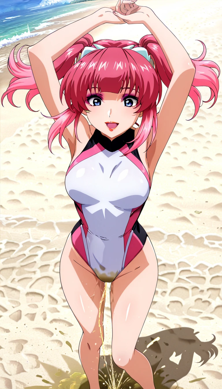 (masutepiece, 4K, Best Quality, Anime style: 1.9, (Solo), High color saturation, (wrestling ring background, wrestling stage), Detailed face, tall, Adult Woman, lovely, (White background), high resolution, Anime, lacus4. (White micro bikini with pink design), 1girl in, Solo, curvy figure, Long hair, 鎖骨, scapular, Wavy Hair, Detailed wide hair bangs, medium thighs, Hair Ornament, Detailed reddish-pink hair, cleavage, large hands, white fingerless gloves, Big blue eyes, Off-shoulder, (white elbow pad), medium breasts, Smile, open mouth very much, very slim belly, Dancing, Very happy