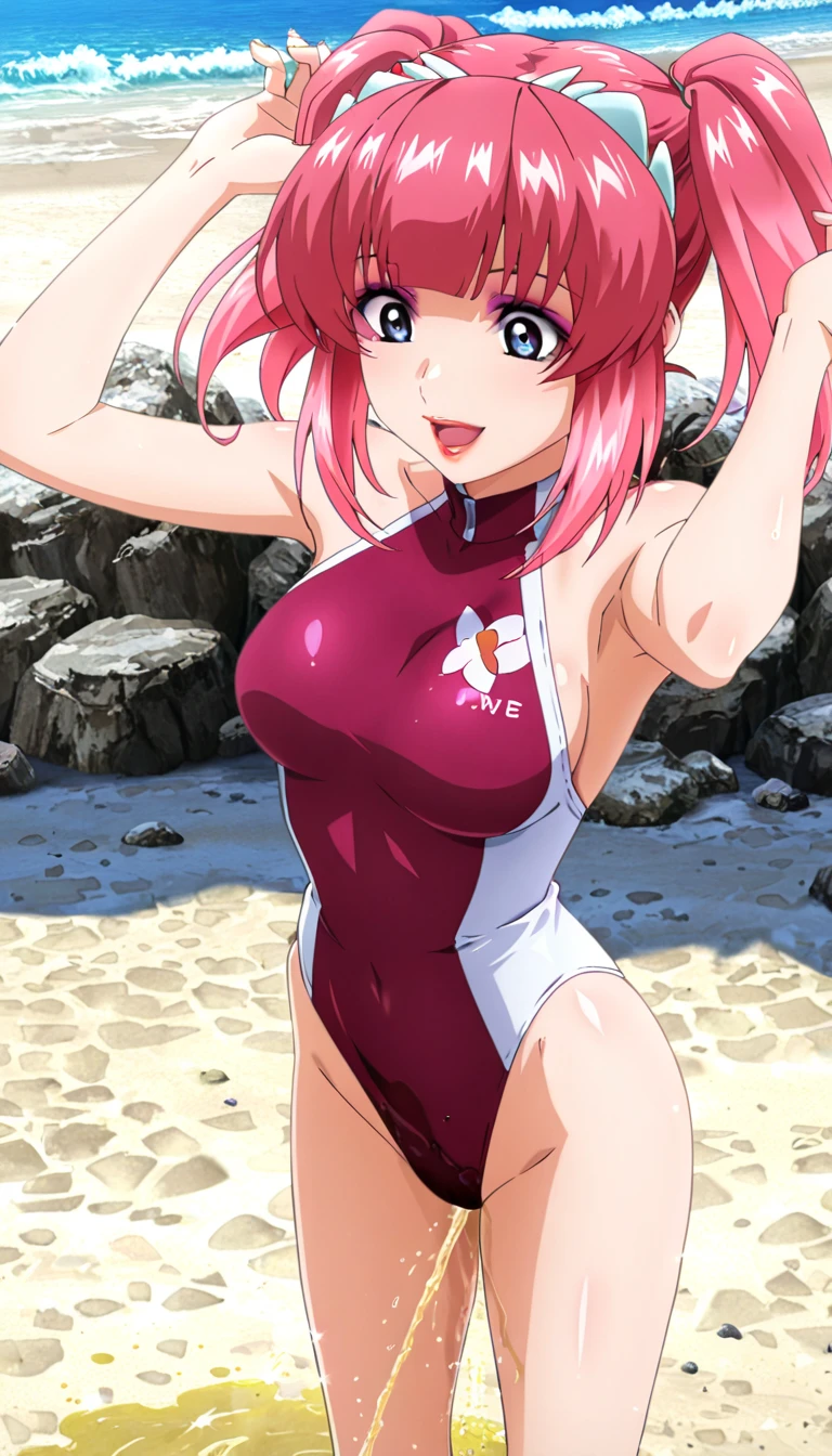 masterpiece, absurd, (intricate details), (colorful), cinematic lighting, bust shot, extremely detailed unit 8k CG wallpaper, 1 girl, haruno sakura, big breasts, beach, poolside, wet, open mouth, embarrassment, people watching, big breasts, wet, erect, standing, too hot, hot, sweaty, hot, legs open, covering breasts with hands, naked, covering with hands, Half-naked, covering her breasts, child touching her, water suit