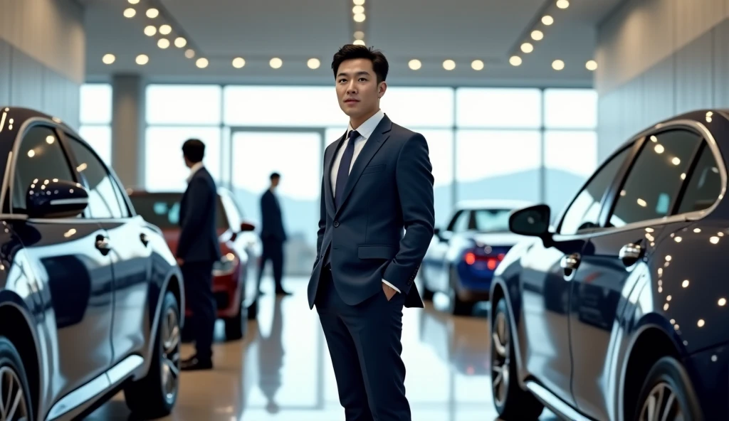 There was a man in a suit and tie standing next to a car, Middle age，fatness，二重まぶた，slightly fat big breasts，ssmile，Fat bear，Fat face，Tiger heads，Tiger back bear waist