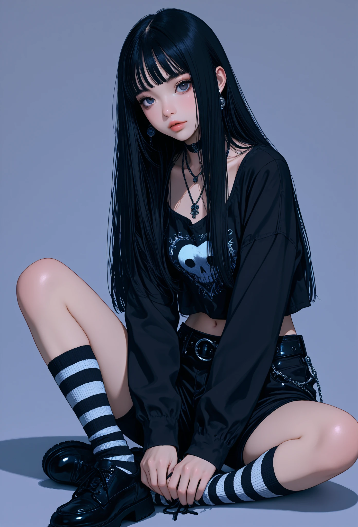 Ultra realistic, real girl, 16K, best quality, High resolution, hot atmosphere, dream atmosphere, 1 girl, tall, 18 years old, Long messy black hair, cute bangs over the forehead, evil eyes, sexy eyes look, skin being illuminated, realistic shading, pale-white skin, light-grey skin, Realistic textures, wearing alternative black outfit, earrings, fit slim tall body, big natural breasts, realistic slim hot body, tall and hot girl, seductive, sensual posture, big hips, thick legs, torn clothes, multiple sexy positions in different types of angles, blurred background, Depth, dream aesthetic, Atmosphere of dream, cinematic lighting. 