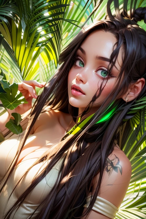 (Best quality), (perfect face), (high detail), (1girl), (closeup), (headshot), a cute hippie girl smoking a joint covered by marijuana leafs, (marijuana plants), smoke filled room, weed smoke, THC, (green eyes), (neon green 1:1), HDR,4K, 3D