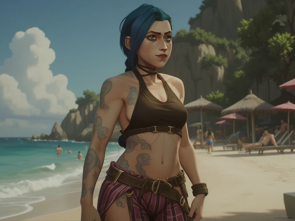 (best quality,4k,8k,highres,masterpiece),ultra-detailed, (realistic,photorealistic), 1girl, solo, fade_valorant, blue bikini,, white shirt, two-tone hair, long hair, detailed_eyes, detailed face, scar one nose, lip piercing, neck tattoo, makeup, perfect body, neckline, cleavage, dark fingernails, detailed hands,detailed clothing,detailed background,detailed lighting,detailed, look at viewer, swimming in a sea, beautiful atmosphere, clear water, sunshine
