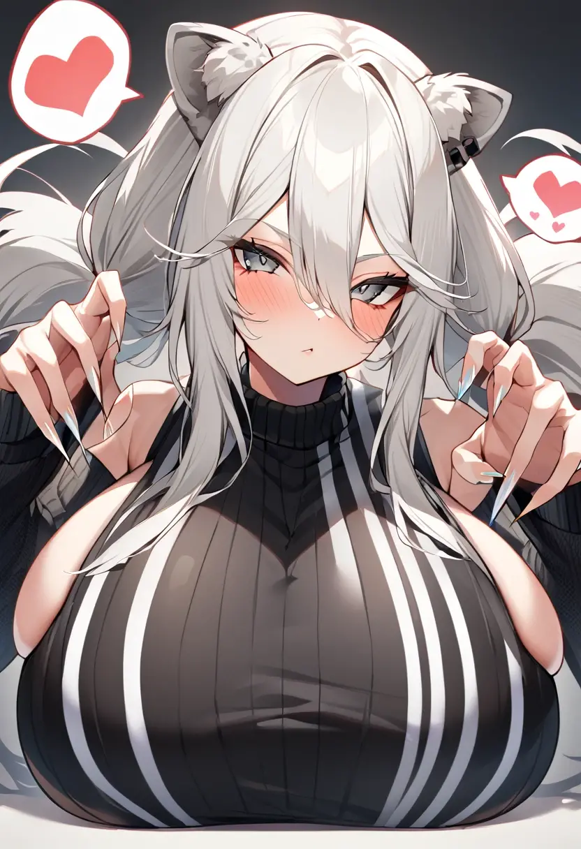 a white haired cartoon character in v-neck bra showing , 1girl, shishiro botan, breasts, lion ears, animal ears, virtual youtuber, long hair, solo, lion girl, shirt, large breasts, cleavage, looking at viewer, choker, tail, navel, grey eyes, ear piercing, white shirt, grey hair