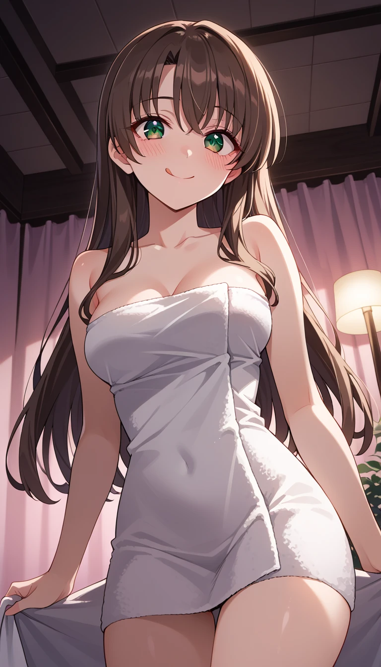 nozomitoujou, nozomi toujou, green eyes, brown hair, curly hair, large breasts, masterpiece, best quality, high resolution, beautiful detailed eyes, extremely detailed face, good lighting, detailed CG, messy hair, glossy lips, worried, nervous, changing room, skinny, sexy outfit
