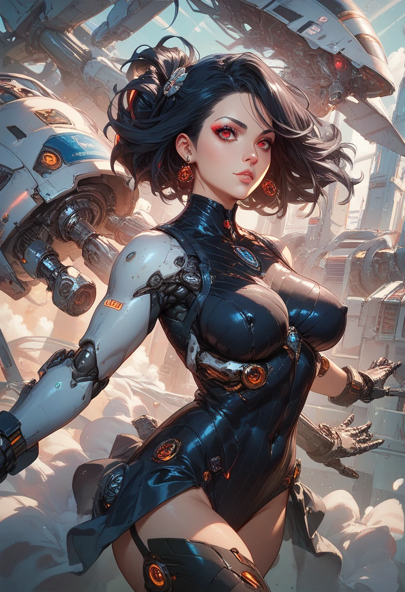 Woman defined body, perfect, thick thighs parts of the covered by technological clothing based on the F-22 Raptor aircraft, gray clothing with cutouts characteristic of the F-22 Raptor, include the USAF logo, include characteristic arts of fighter planes in the perfect clothing(((large breasts)) generous neckline, pastel, black mohawk hair with a white bangs covering one of the eyes,  short underwear, garter belt, by mucha, niji, close to real, best quality, almost naked, psychopath, crazy face, action pose, harlequin, starry night in the background, big nebula in the sky, yellow alter lighting, star tattoos on the arms, dark blue bra with white stars, stars covering the breasts, shoulder pads with spikes, red eyes without pupils,  mischievous smile
