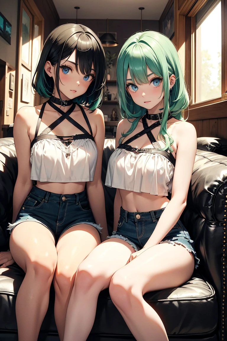 1girl, having cat ears, her hair is long, her hair color is black, she is wearing a black satin choker around the neck, she is dressed with black shorts, the shorts are highwaisted, she is dressed with a black lingerie, she wears soft stockings. Sitting on a couch. She is looking at the viewer. She is in the bedroom.