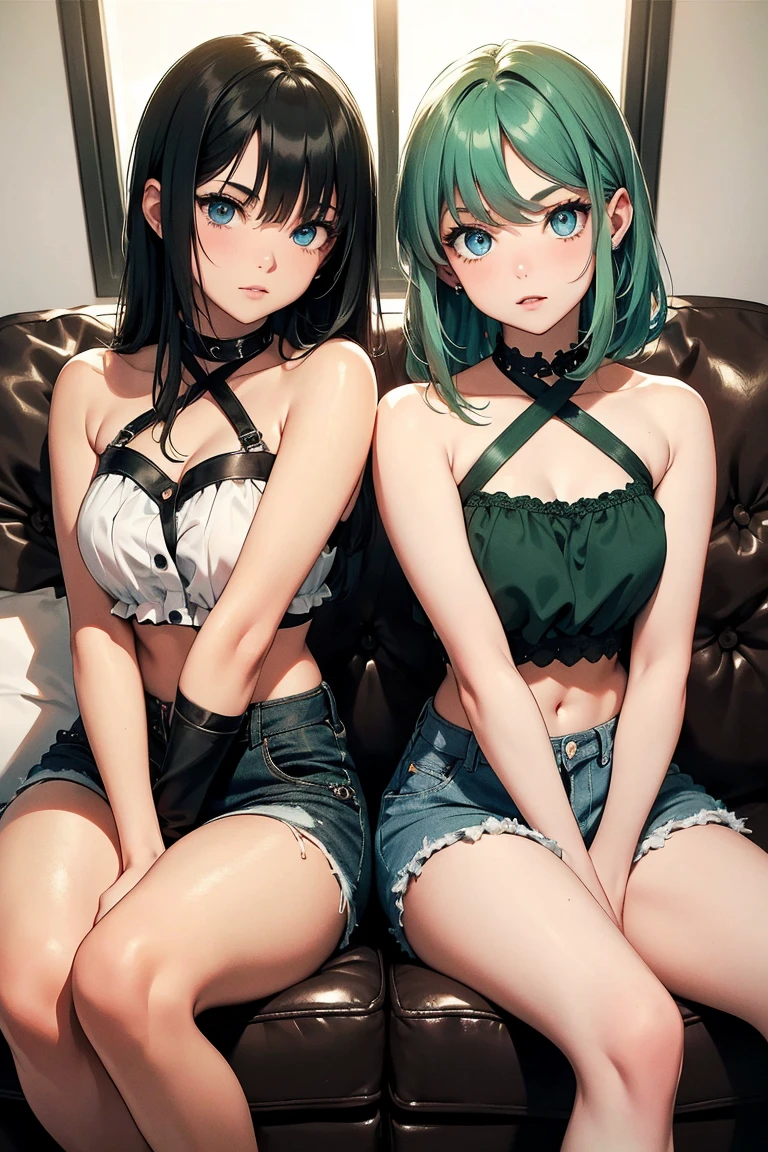 Masterpiece, Top Quality, (2 Girls:1.3), Big Tits, Light Blue Eyes, Light Blue Hair, Messy Hair, BRAKE, Green Hair, Green Eyes, Messy Hair, giggling, Gray Underwear, Top Half, Leaning Forward, (Cleavage:1.2), Cute, Looking Up, Sweet, Blushing, Top Half, Up (Breasts close-up:1.2), Late Night, Bedroom, On Bed, Two Girls Kissing