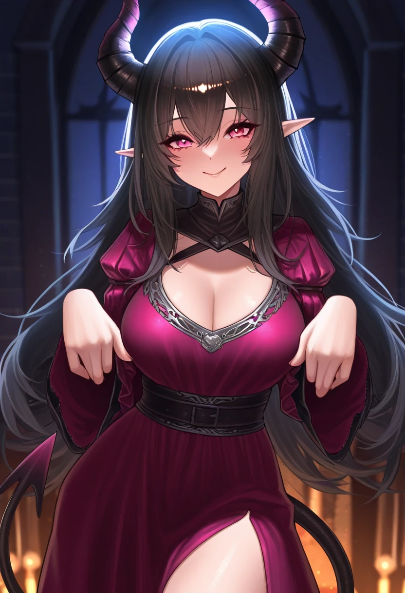 Selena, a 62 meter tall vampire queen, emerges from his castle at dusk, her pale, luminous skin shining under the moonlight. Her long black hair falls in cascades over her shoulders and back.. standing on a hill, Her posture is powerful and seductive., with one leg slightly forward and one hand caressing his neck. His crimson eyes, full of desire and hunger, They look at the tiny humans at their feet, hypnotized by his supernatural presence. His red lips curl into a lascivious smile., and her perfectly sculpted body radiates an aura of vampiric eroticism, enveloping everyone present in a spell of submission and eternal desire.
