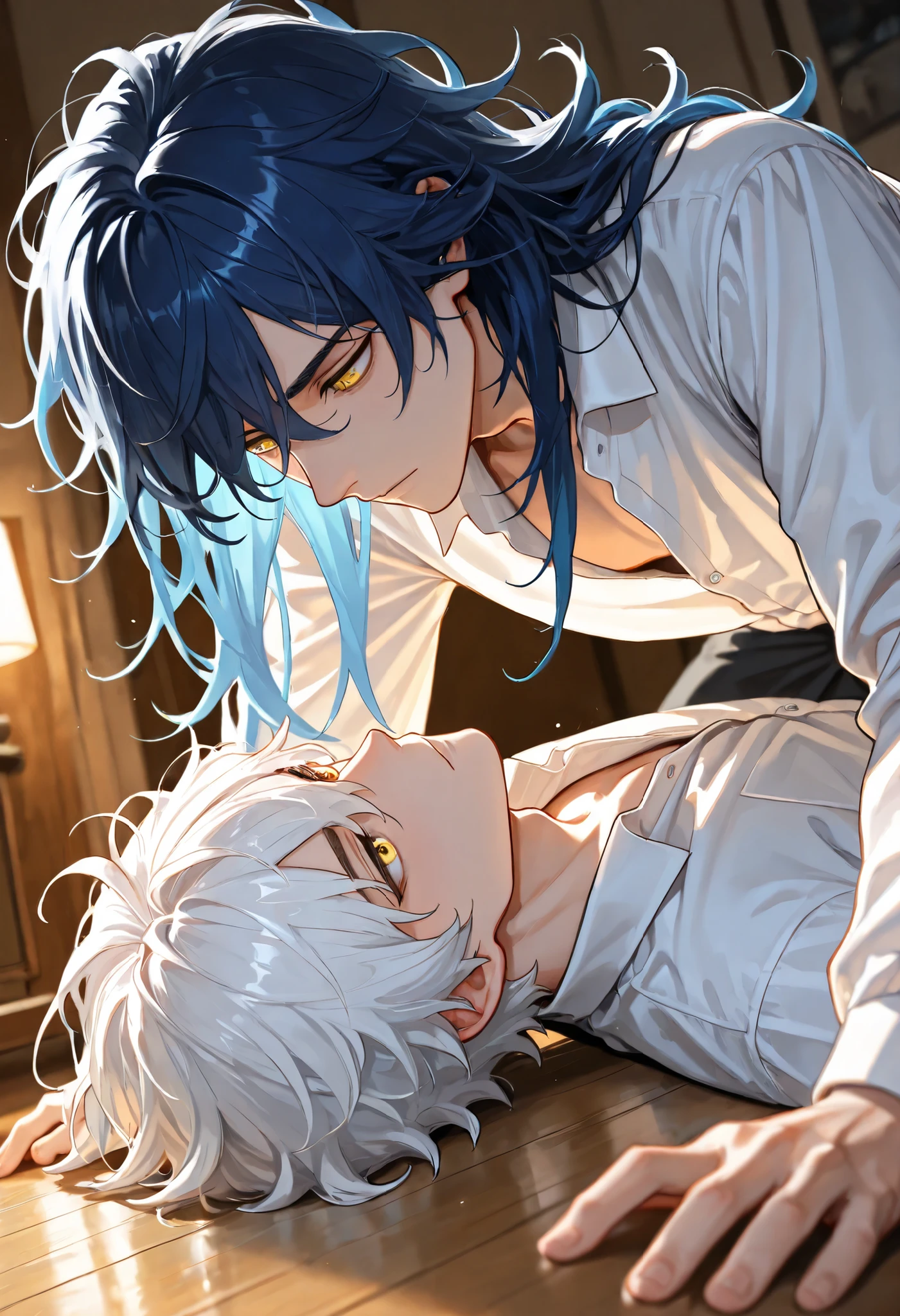 two men in a living room, yaoi, (one man lying on the floor, Blue hair, yellow eyes, short hair, messy hair, ), (the other man on top of him, White hair, long hair, yellow eyes,), intimate pose, cozy modern interior, both wearing white dress shirts, high detail, 8k, natural expression, cinematic lighting, ethereal glow, dynamic angle,