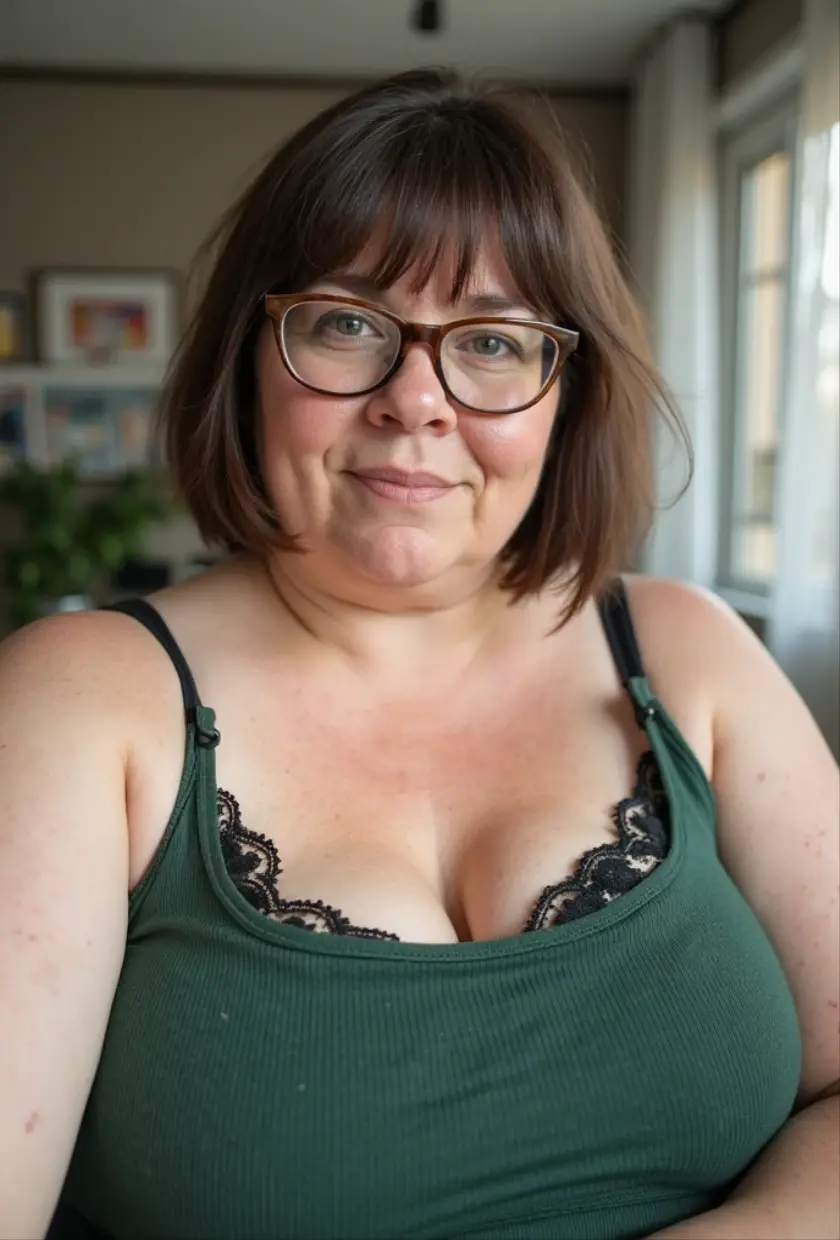 60 year old brunette white woman, Scottish Irish, laying on a bed with her head on a pillow, overweight fat, extremely pale white skin, blue eyes, camera man having a above view of her face, looking at the camera with a orgasmic look, green choker, green night gown lingerie , green glasses, eyes crossed, mouth slightly opened, legs up, showing vagina