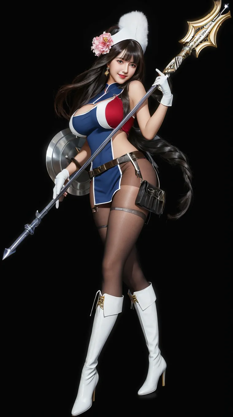 (female:1.2) (bodybuilder:0.8), hyper realistic, masterpiece, photorealistic, real skin, detailed face, detailed skin, detailed lighting, 1girl, (blue eyes), large breasts, cleavage, long hair, black hair, red lips, flat face, holding rocket launcher, samurai in the back, thigh, (finger pointing at viewer) , grenade in thigh