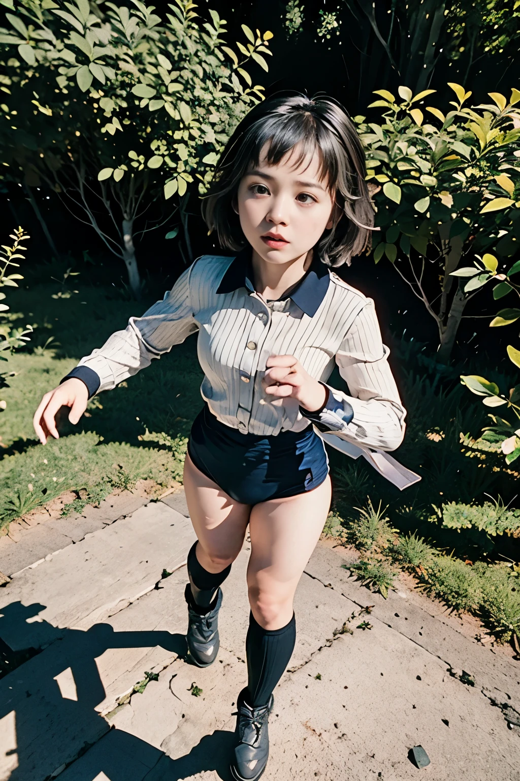 (masterpiece, highest quality), 1 girl, beautiful face, beautiful body, wearing a Black gymnastics bloomers, High leg、white blouse, cowboy re standing、full body portrait、alone, complex details, enlarged textures, complex details, finely detailed eyes and detailed face, intricate details, (closed mouth), perfect eyes, equal eyes, perfect body, extremely detailed, (), extremely realistic 3d,In a dark forest、