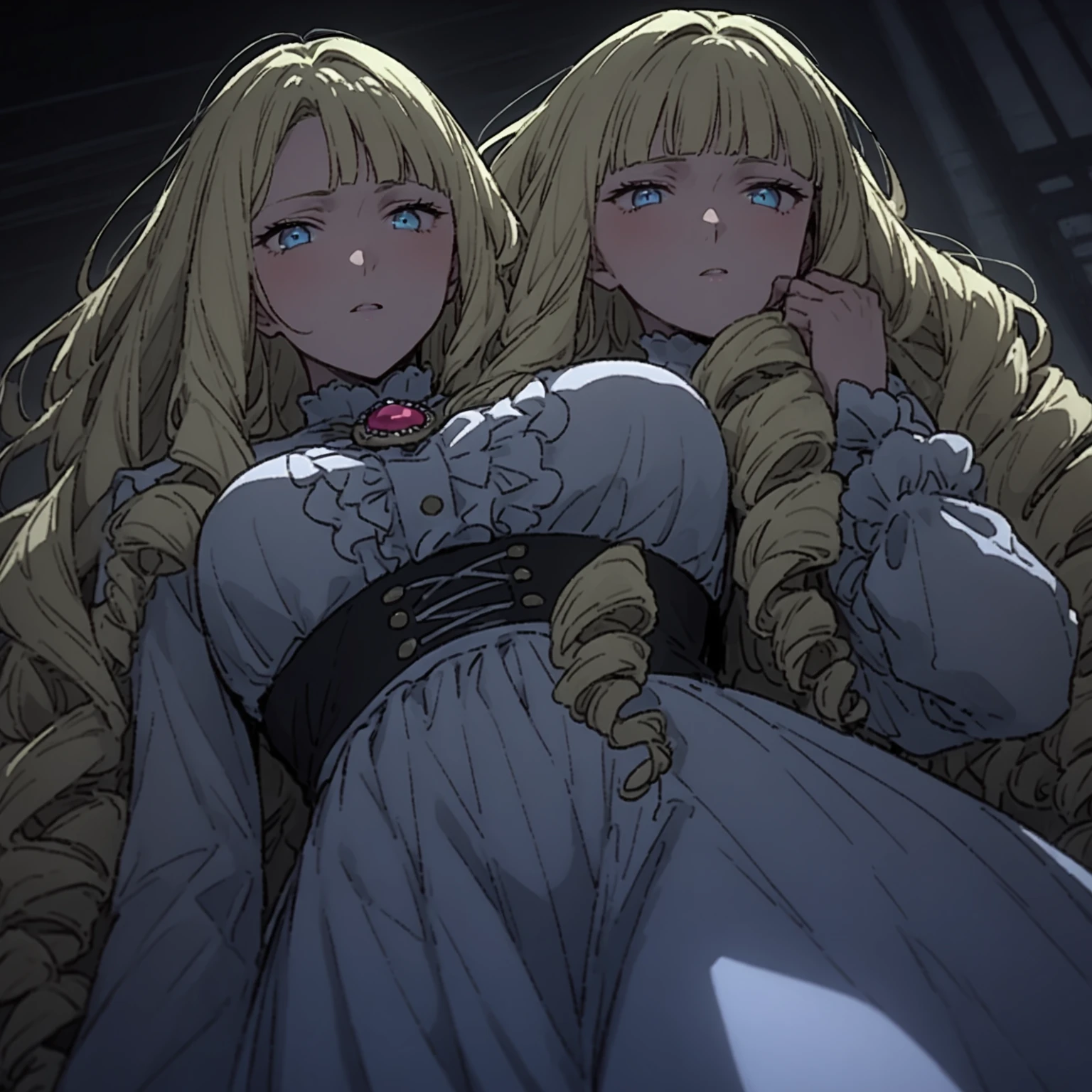 {full body},wariza,sitting,looking down,from below,{upskirt},dynamic angle, dynamic cut,naughty smile,macrophilia,{white wings},{angel},{{very muscular}},{{very muscle}},{very curvy},{very big woman},{very gigantic woman},{very strong woman},{very tall woman},{very long legs},{very gigantic breasts},{very big breasts},{two side up},{very grown-up body},{adult},blonde hair,barefoot,cute dress shirt frills ribbon split corset skirt,best quality,solo,white background