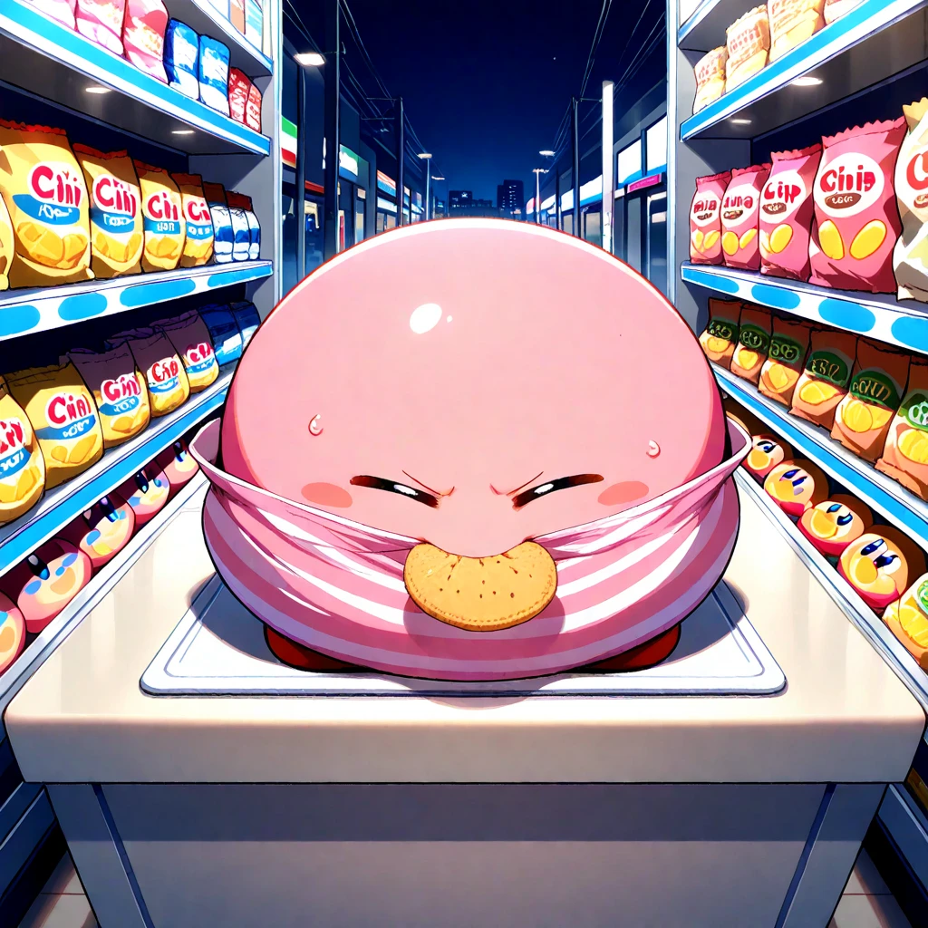<lora:doro_xypher_amxl_v1:1> solo, doro \:3, chibi, solid circle eyes, no pupils, no humans, white skin
, pink hair, purple eyes, single side bun, hair bow
, masterpiece, best quality, very aesthetic, absurdres
, fat, obese, sitting, food crumbs, eating doritos, refrigerator interior, food, tiny creature, indoors