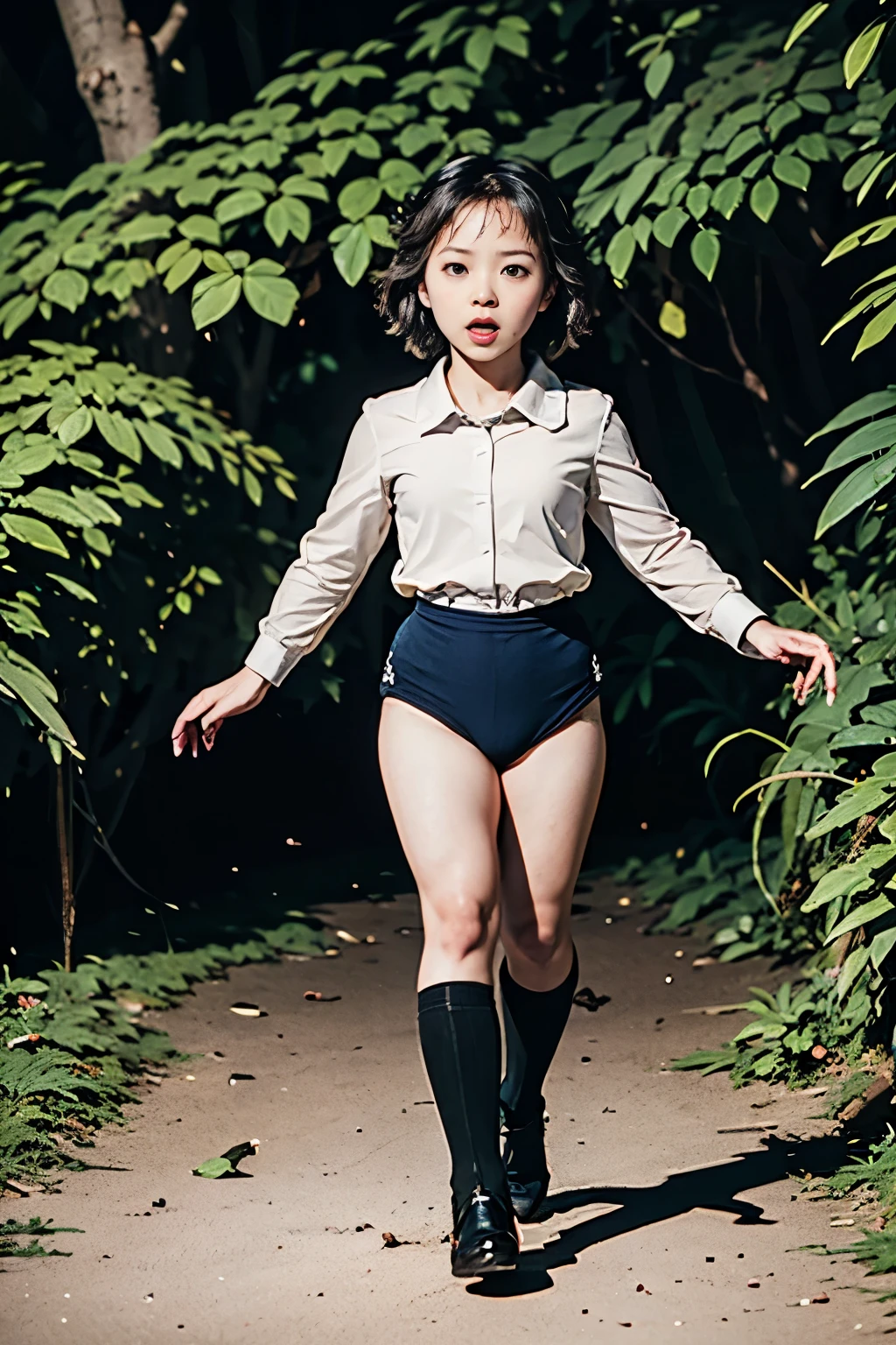 (masterpiece, highest quality), 1 girl, beautiful face, beautiful body, wearing a Black gymnastics bloomers, High leg、white blouse, cowboy re standing、full body portrait、alone, complex details, enlarged textures, complex details, finely detailed eyes and detailed face, intricate details, (closed mouth), perfect eyes, equal eyes, perfect body, extremely detailed, (), extremely realistic 3d,In a dark forest、