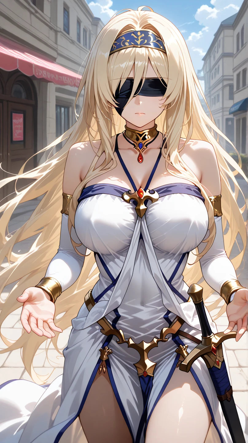 4K,High resolution,One Woman,Blonde,long hair,Blue Eyes,Big Breasts,Swordsman,White Chinese dress,Sleeveless,Black tights,White shoes,White gloves,hair band,Jewelry decoration,Long sword,Medieval village