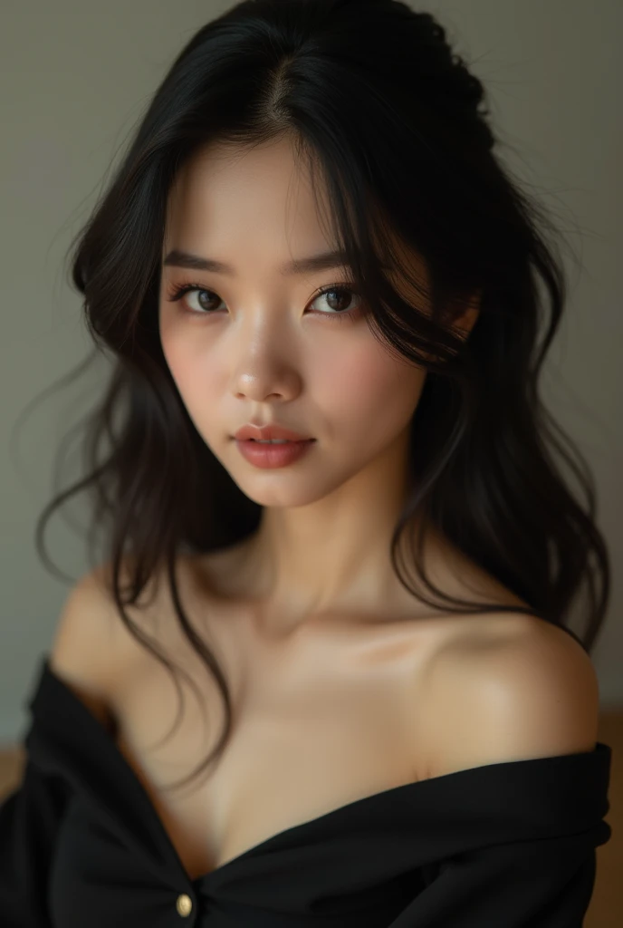 photo brute, femme visage jolie asiatique ;une belle femme de 20 ans ,visage caractere, porter une robe noire, mine coquine, ombres dures, porter de vue de face, Éclairage lumineux