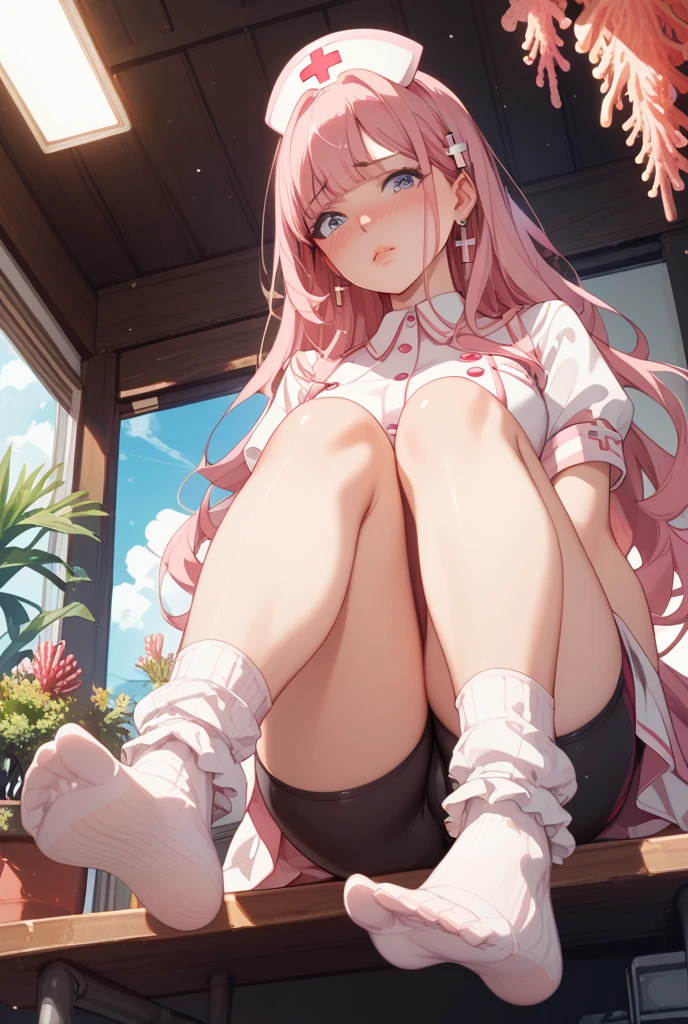 Beautiful illustration, Best quality, (18-year-old girl:1.2)、(Teenage :1.4)、Sit at a desk in the classroom、 Sailor collar、Cardigan、Long white shirt、(Pink shorts:1.4)、Khaki shorts、(Wide hem shorts)、(Beautiful thighs)、(The gap between the thighs and shorts)、Brown lace-up booties, Dark red double-sided long inside, beautiful blueish eyes, Cinematic lighting, Smile of Joy,(Long pink hair)、Pillows1Two large black ribbons、The back of the head is knitted、Tilt your head、(Cute petite girl:1.4),Barefoot,Feet up,The soles of the feet are forward