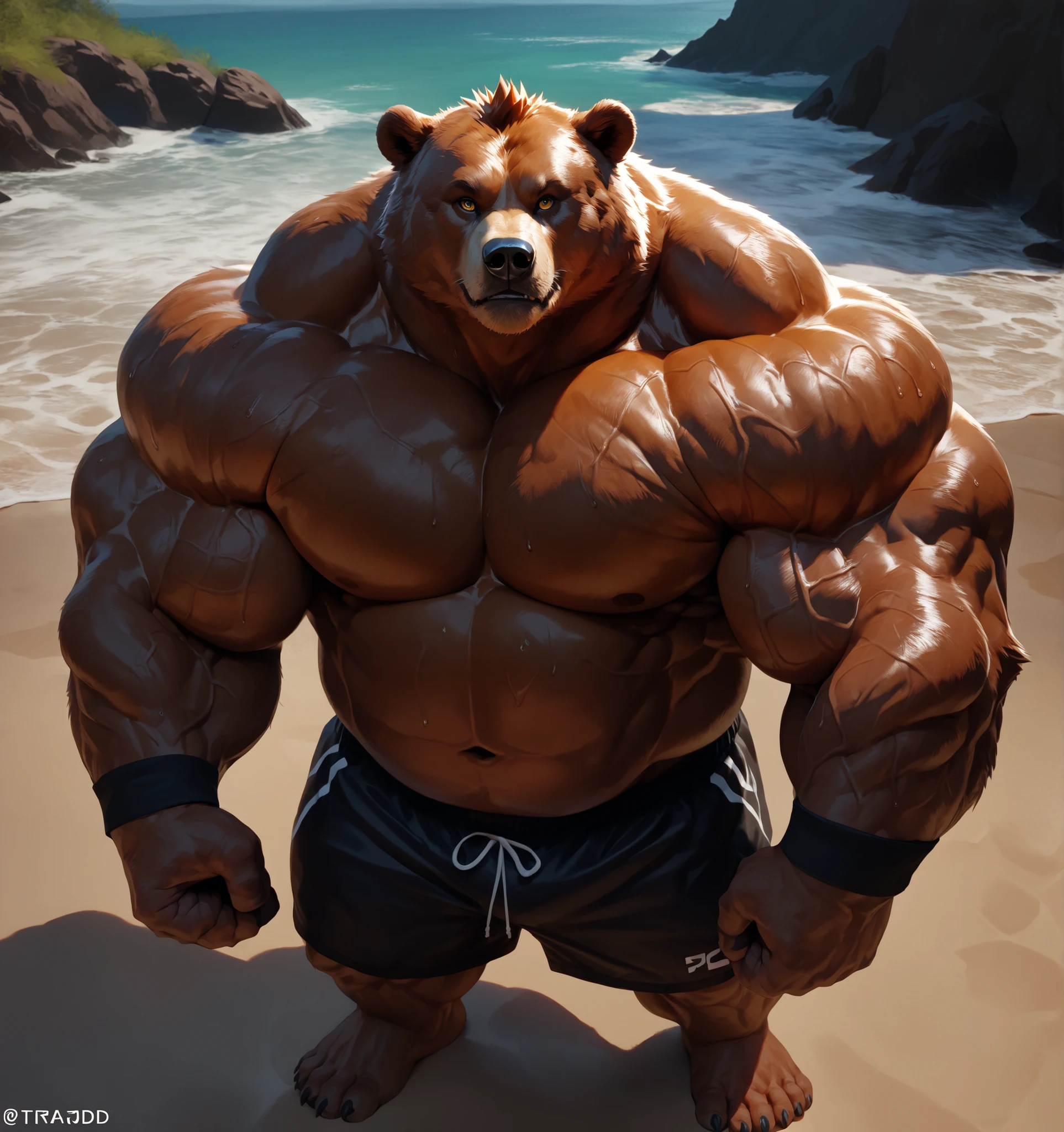 beach, extremely huge muscular, massive muscular, full-body, well-muscled old grizzly bear in shirtless and topless. ((extremely muscle size, super thick arms, huge pectoral, extremely wide pectoral , huge arms)). Correct anatomy, and add details to make it attractive and interesting. Add textures and details to make the image more realistic, such as the appearance of the brown fur texture and the appearance of the brown skin. Make sure the resulting image is high resolution, 8K quality."