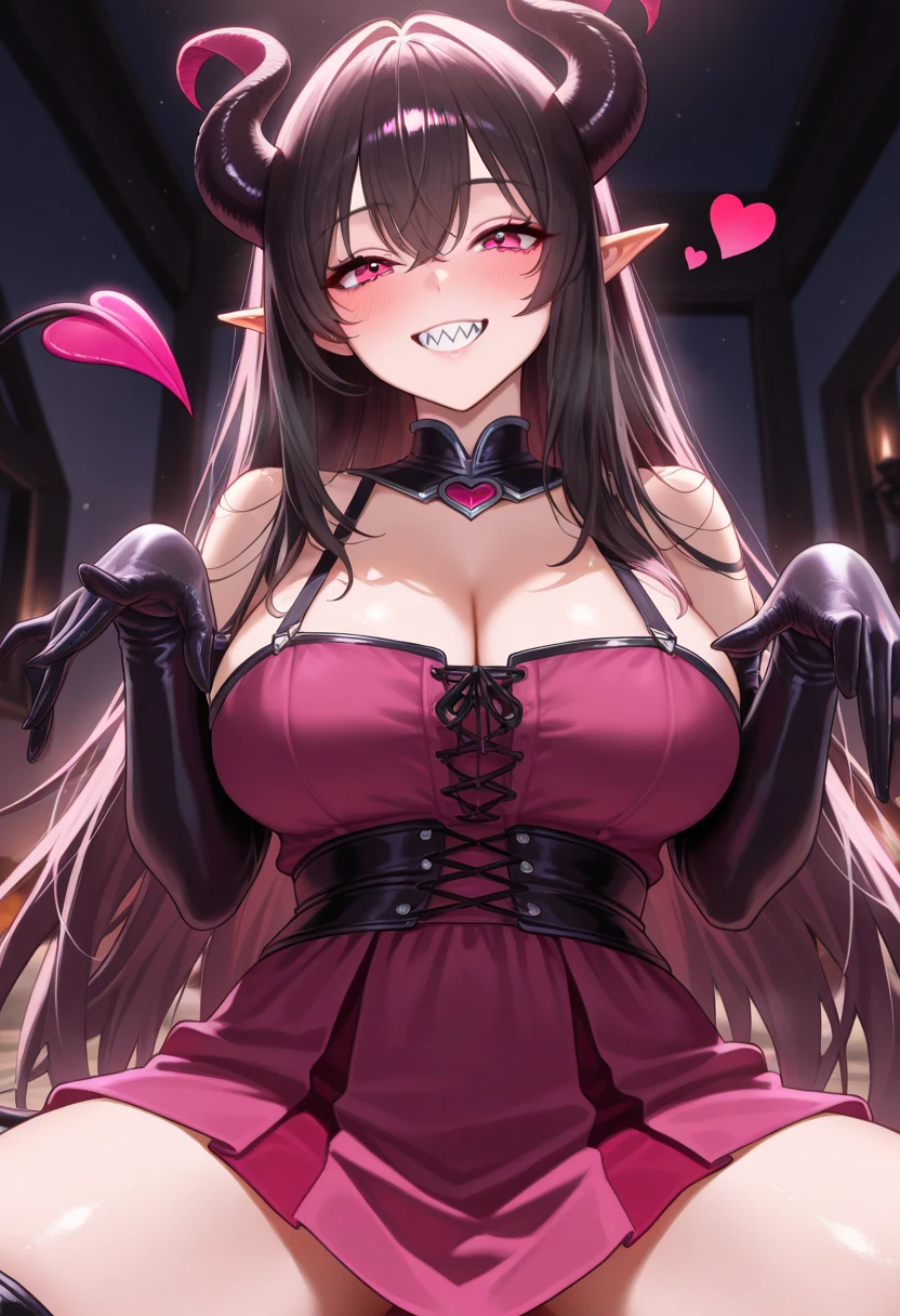 Succubus Seduction poses Erotic body kawaii faces Enchanting face Pose with open arms heart mark A slight smil Peachy Hair Eyes are hearts 4-arm Charm Magic Angle from above Succubus Dresses