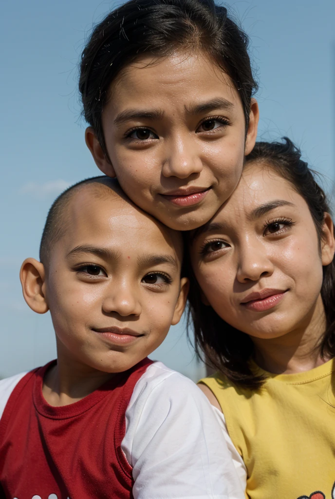 There were 3 people, a woman, a mother, and children, a boy. They are smiling