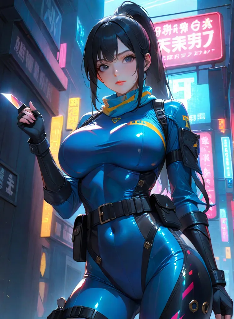 Fallout, a woman with messy brown hair, wearing a skintight vault jumpsuit, and a ragged blue metal gear bandana, brown eyes, blue jumpsuit with yellow stripes, backpack straps, fallout 3, cleavage, one leg up, GTScity, GTS, rampage