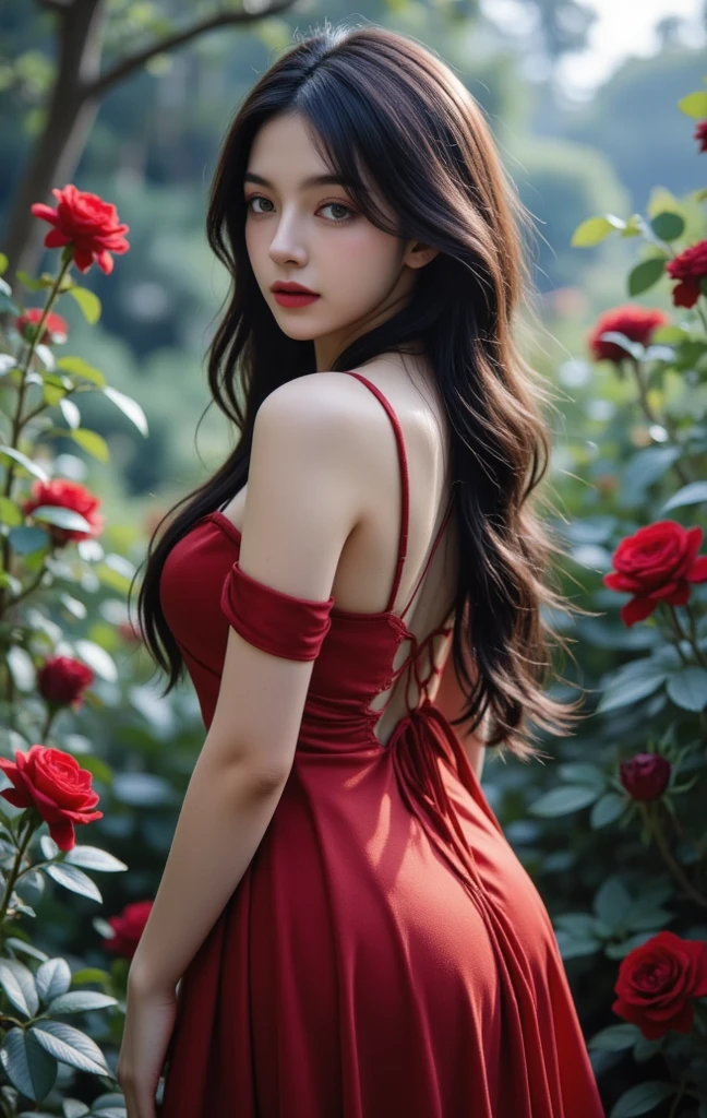 amazingly realistic, High resolution 8K photo of a beautiful 20 year old woman, ((messy side wave long hair)), And a glamorous person, (우아한 dress:1.2), dramatic lighting, masterpiece, Immersive atmosphere, chiaroscuro:(1.5, bright light:1.2, shining lights), (blur background:1.5), haziness, best quality, realistic, very detailed, HDR, Physically Based Rendering, studio lighting, vivid colors, bokeh, (real skin texture:1.3), high contrast, (Fuji Color:1.5), film grain, girl in the rose garden,  dress, (Red flower mess in the background..:1.3), Fascinating detailed red eyes and face, dynamic lighting, in the dark, deep shadows, low key, cowboy shot, 
