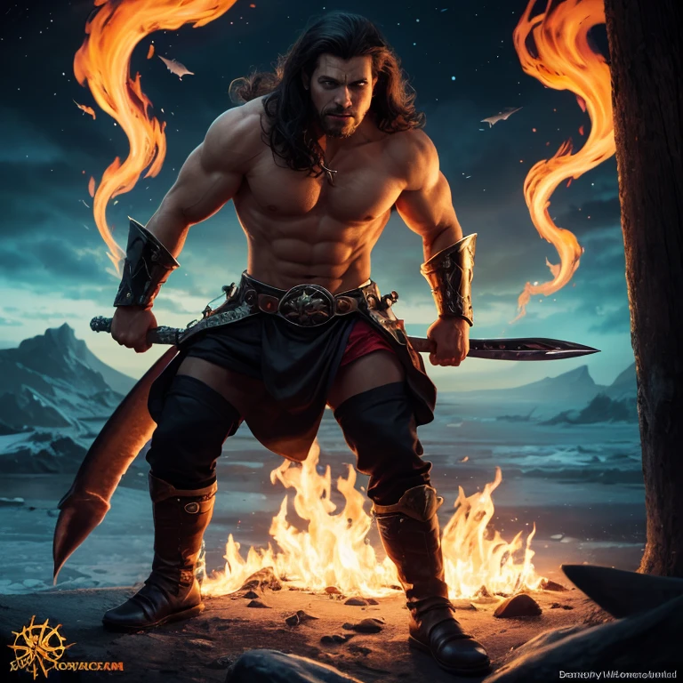 detailed, epic, dark fantasy, colorful, extremely handsome and sexy young man, brawny, messy hair, hairy body, tribal tattoos, skimpy revealing armor, ankle wraps, two-handed warhammer, lava battlefield