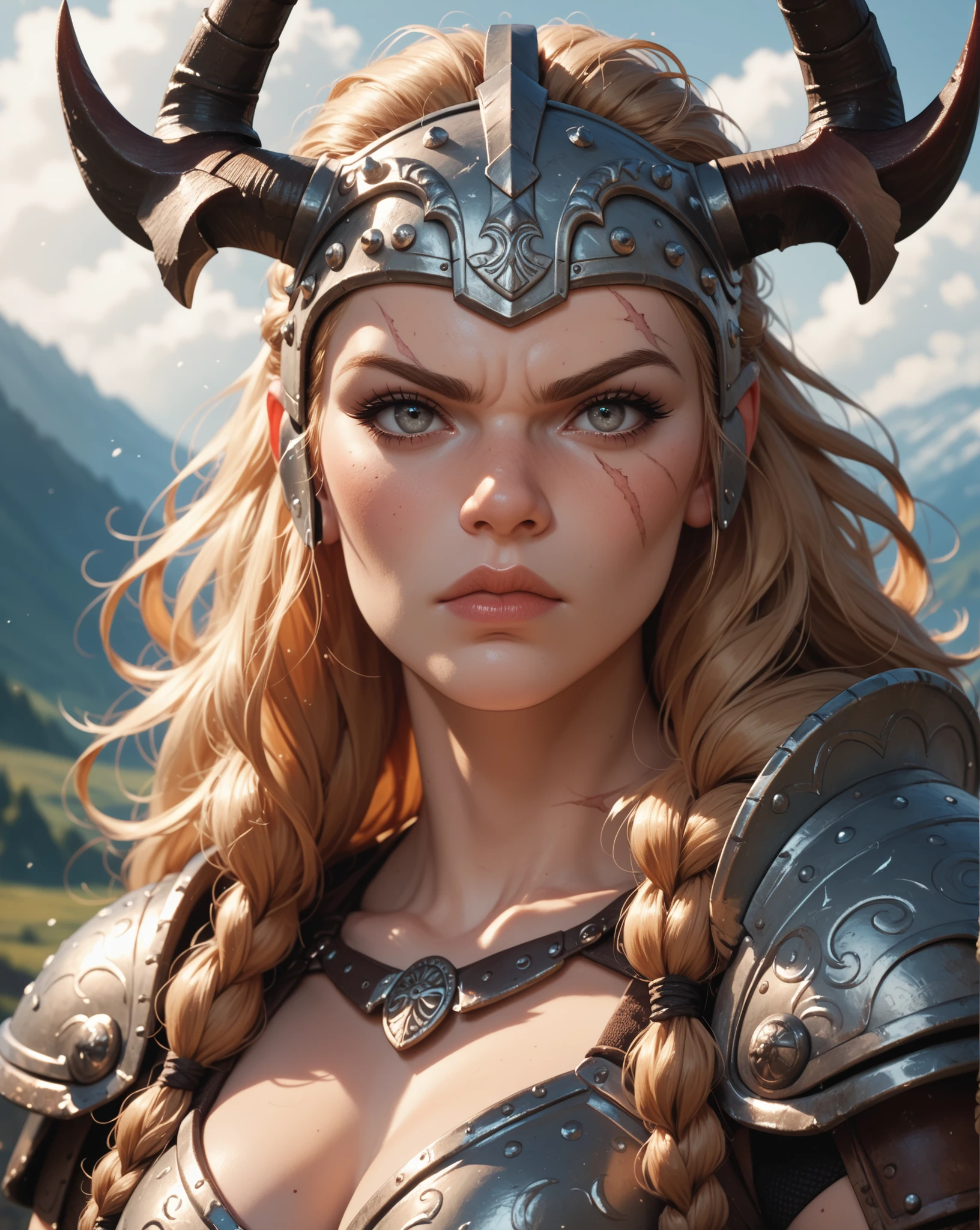 (Masterpiece:1.2), best quality, (illustration:1.2), (ultra-detailed), hyper details, (delicate detailed), (intricate details), clear line, high contrast, colorful, (Photoshop Pastel Painting), (Cinematic masterpiece), <lora:add_detail:1>, <lora:sharpen-soften:-0.25>, <lora:kittew_v0.1:0.3>,
1 girl, adult  woman,  dark brown eyes, gray straight hair, 
icelandic, portrait, looking away, solo, (full body:0.6), detailed background, (<lora:CulturePunkBundle-000007:0.4>, vikingpunkai, norse viking theme:1.1), nordic medieval  marauder,   norse  mythology,   red war paint on face,  simple muted dark red padded leather vest, helmet, viking symbolism,  dark storm clouds, epic scene composition, norse  atmosphere,