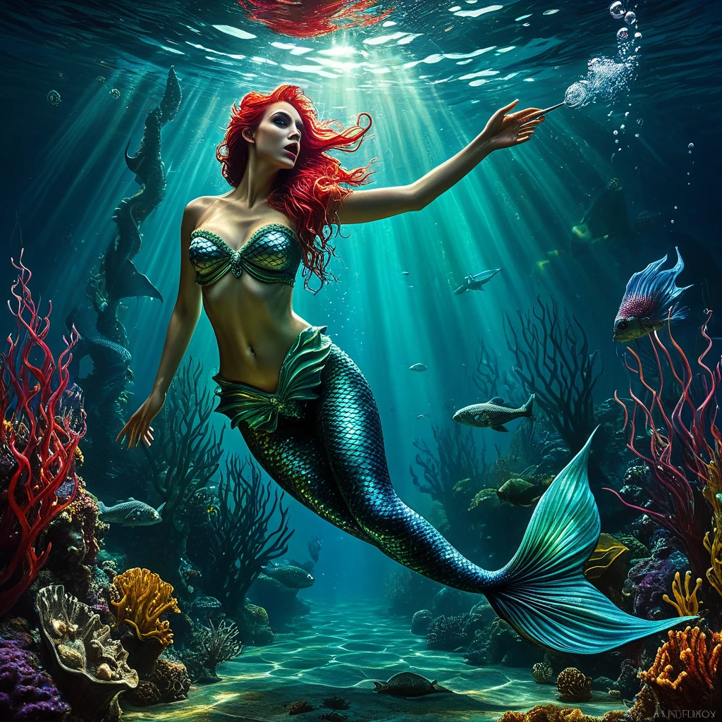 ((Flirting_gesture):1.2), ((Expressive_eyes:1.2), ((Siren Mermaid):1.3), ((Hourglass_figure):1.1). ((Singing):1.3), | Smooth lines, Showing expressions and postures through contrast, Painting of Siren Mermaid singing, fine art piece, hot topic, figurative art, fantasy painting.