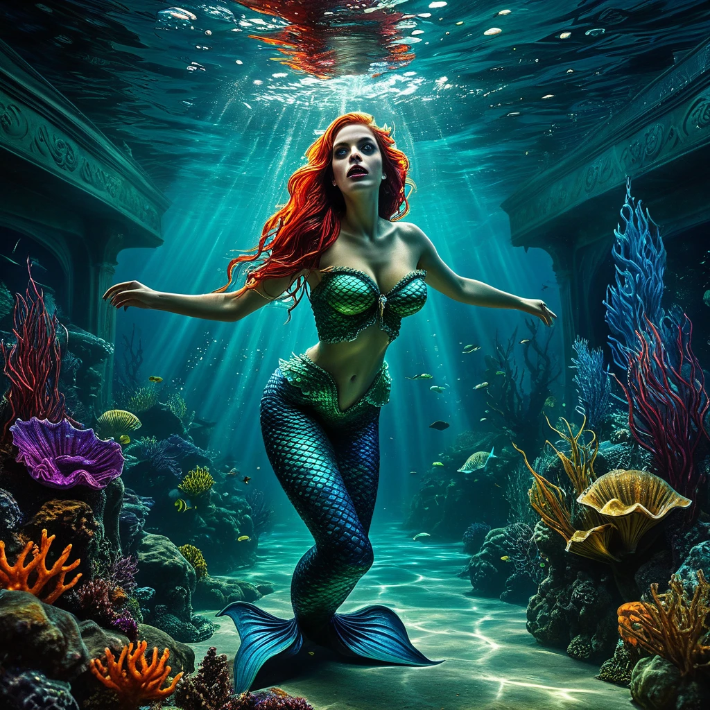 8k, Hi-res, HQ, masterpiece, photorealistic, A low angle, close-up portrait of a girl, ((mermaid likeness:1.3)), (dive under water at the sea and hug her breast up, (wearing nothing:1.3), surrounded by clown fishes), colorful atmosphere, (over exposed droopy breast, it's huge and soft), alluring gaze, beautiful face, mesmerizing eyes, luscious lips, (messy hair with (red hair color:1.2)), erotic pose, sensual atmosphere, soft skin, perfectly huge sagging breasts with soft skin, exquisite details, captivating beauty, confidence, elegance and charm, all eyes on her, desirable, irresistible temptation, sultry mood, enticing allure, sizzling sensuality, enticing curves, feminine grace, teasingly erotic, captivating curves, naughty innocence, forbidden desire, unrestrained passion, creamy complexion, inviting gaze, bewitching smile, curvaceous silhouette, slender posture, skinny body, collarbone, perfect hand, playful imagination, intimate moment, photon mapping, natural lighting, cool color, aesthetic, unique, (facing forward:1.3), splash up water, 