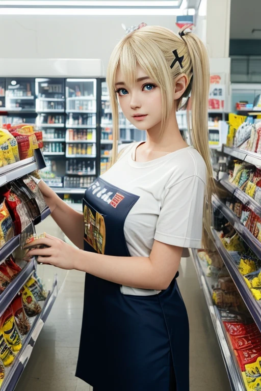 official art, unity 8k wallpaper, ultra detailed, beautiful and aesthetic, beautiful, masterpiece, best quality, 1girl, selling fruits from in a market, blonde, bare shoulders, detailed blue eyes, smile, happy, robot arms, chrome, apron, cyberpunk, depth of field,