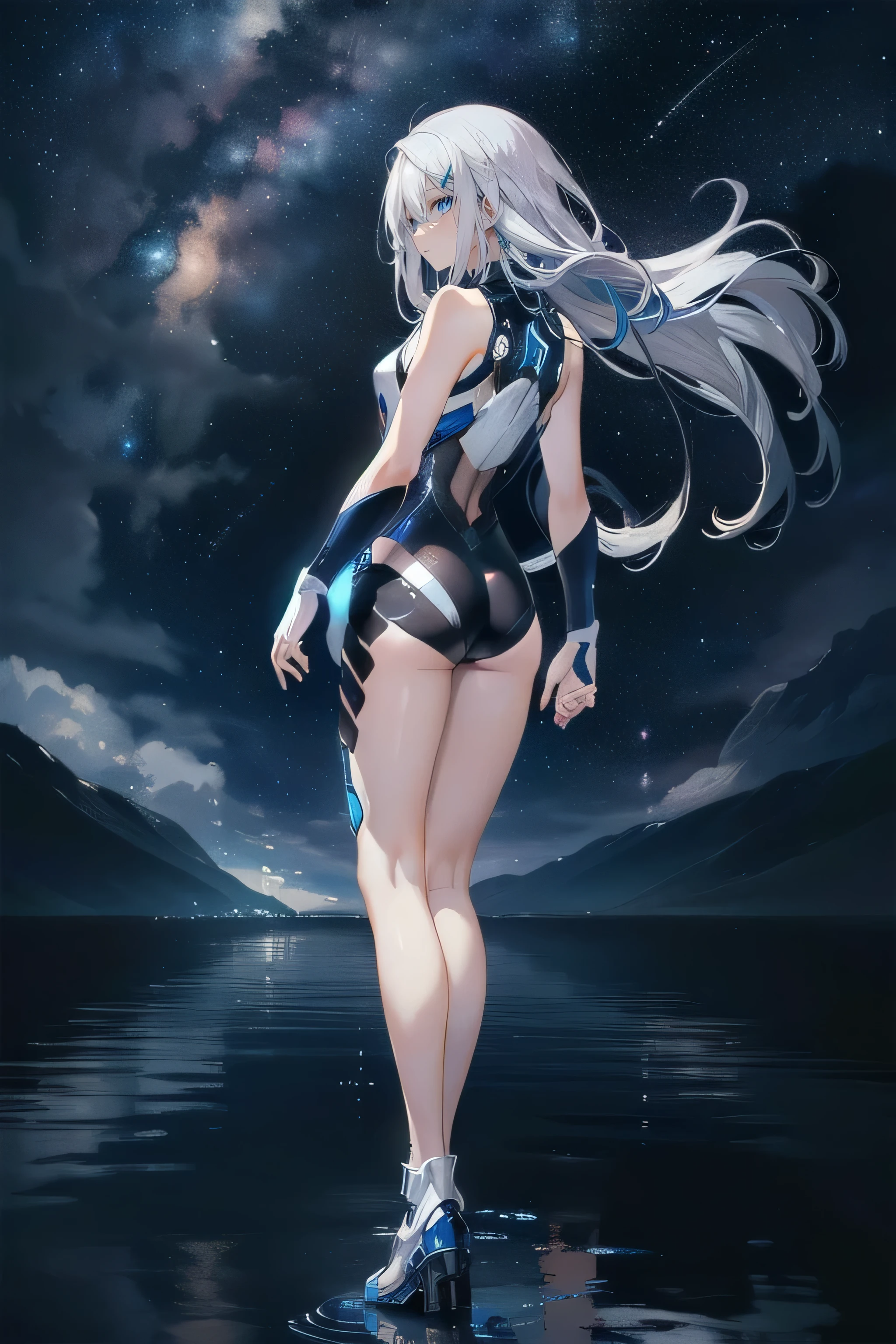 One girl, ponytail ,White Hair, Purple Eyes, Blue Fire, Blue Flame, wallpaper, City of Fog ,Depth of written boundary, fog night, Particles of light, light, Side Lighting, Thighs, destiny \(series\), Genshin Impact, cloud,Stretch your arms out to the sky,Look up to the sky,Rainbow in the sky,ghost in the Shell,Motoko Kusanagi,magic circle