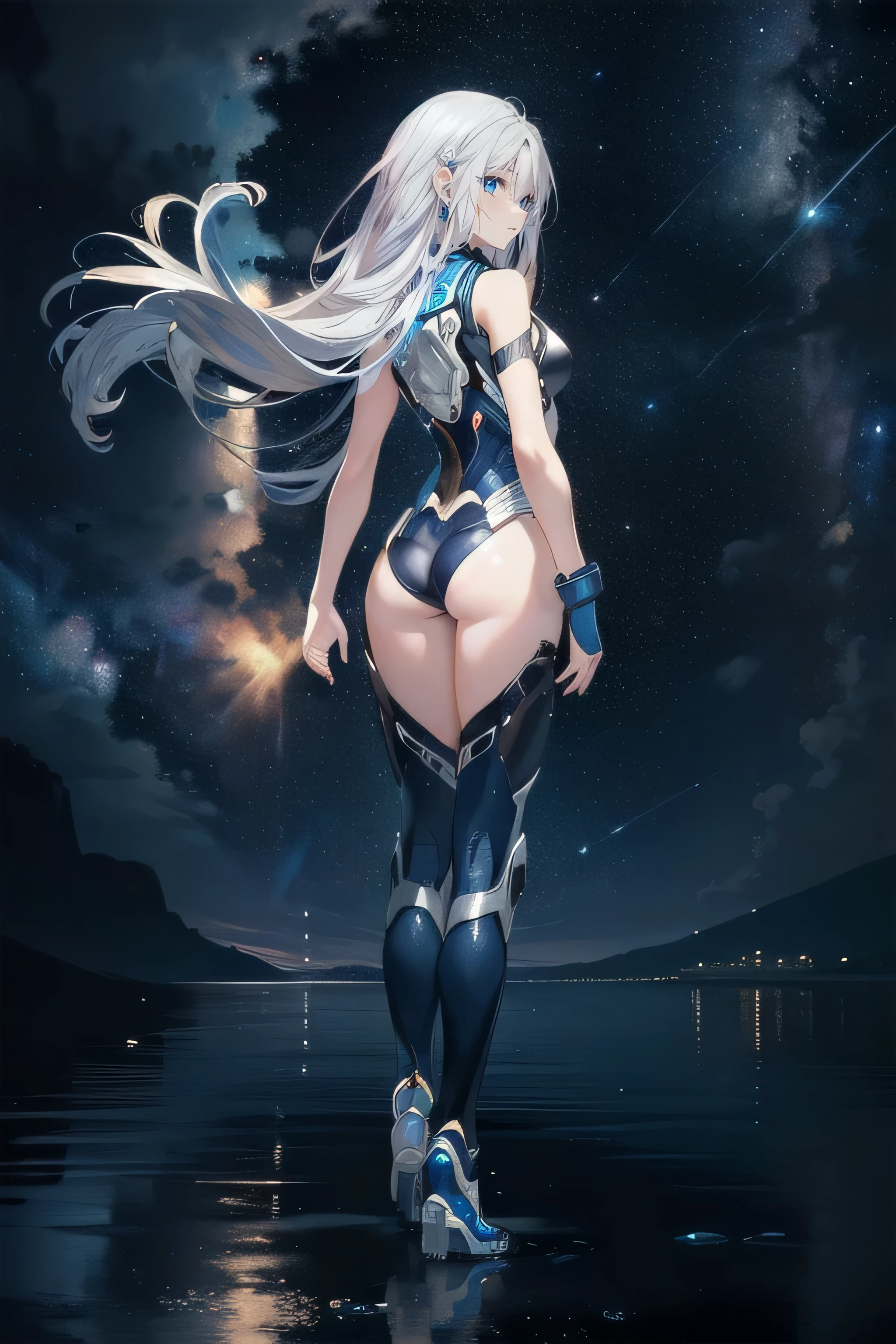 1girl (Solo), very long bob hair with bangs, light blue hair, flat chest, small size, blue eyes, fair skin, serious face, nude, full body, ice magic, night, moon, frozen lake, mountain behind, very sexy body, detailed face, highly detailed, 8k, best quality, masterpiece, vibrant colors, digital art, concept art