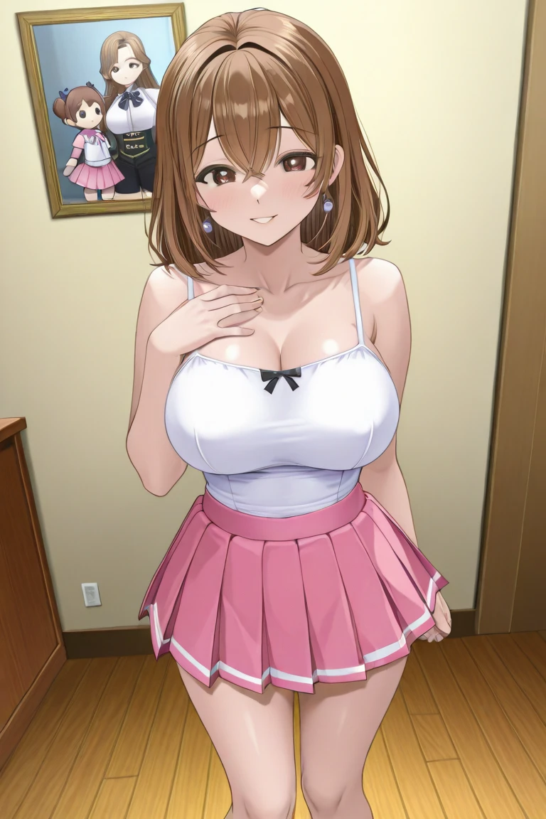 8k, RAW photos, top quality, masterpiece: 1.2), (High Quality), ray tracing, HDR, (High Details), (Face detail), (Shadow Detail), (amplected), stylized blush, 3d, 3d render, 1girl, solo, masterpiece, best quality, high quality, highres, 4K, perfect anatomy, rendered eyes, lip gloss, makeup, woman, detailed, cleavage, thick thighs, 1girl, solo, masterpiece, best quality, high quality, highres, 4K, ichijou ririka, brown choker, earrings, pink shirt, purple skirt, white belt,
