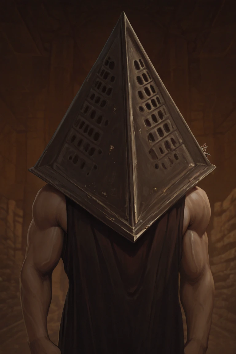Pyramid Head (Silent Hill), Male, Solo, ((solo)), Muscular, Male Pectoral, Correct Anatomy, ((Photorealistic, Realistic Shadows, Depth of Field, Half Body Shot)), Body Builder Build, Touching his body, Male Big Muscular Pectoral, Abs, Wide Body, Front Half View,