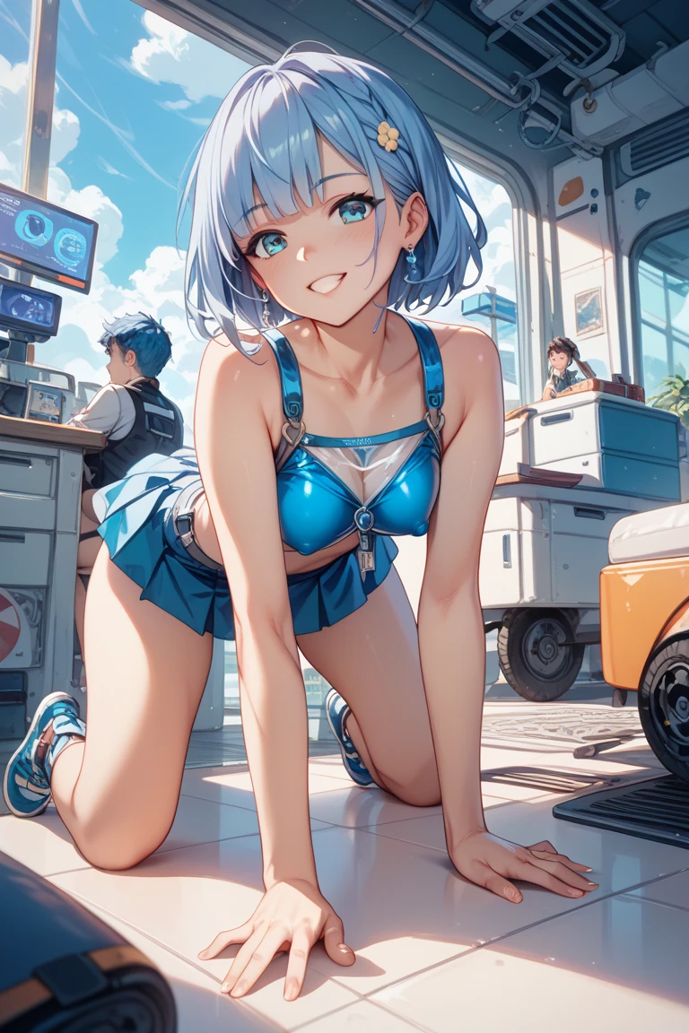 (masterpiece, best quality), nsfw, 1girl, Ice blue Textured Comb-Over with Skin Fade, Size E breasts, Platinum Boyshorts with a lace-up detail on the sides and training bra, socks, <lora:last:1>