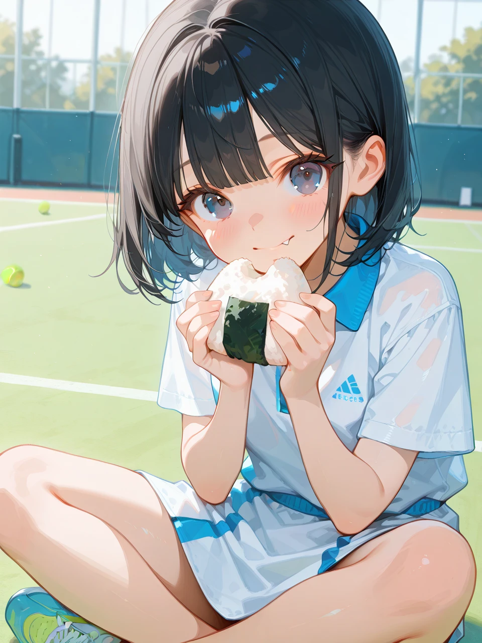 ((masterpiece)), ((Highest quality)),Ultra-high resolution, Caustics, detailed, Beautiful detailed FACE,Perfect Anatomy,Browsing Caution,Cowboy Shot,Solo 20 year old beauty、Japanese、Black Hair,Short Bob Hair,Iris,Slender body,Ideal body proportions,Medium chest,Sunburn,Glowing Skin,Oily skin,Shiny skin,(Sweat:1.4,Kneel),Painful expression、Heavy breathing、vapor,,(Tennis Wear、White polo shirt、White pleated mini skirt、Perfect white panties,Clothes that are see-through with Sweat),Outdoor、Tennis court、holding a coffee cup in hand