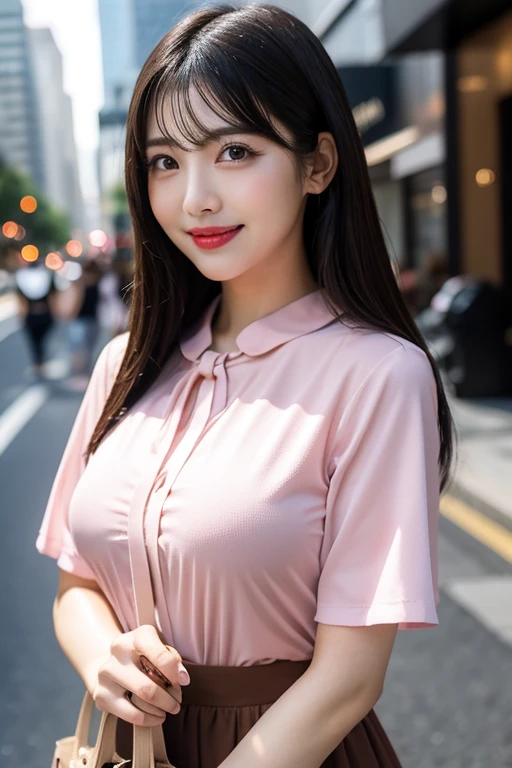 product quality, 1 girl per 1 photo, upper body shot, front view, a Japanese young pretty girl, long bob hair, wearing a marriage ring, night time, wearing a short sleeves collared pink blouse, wearing light brown pants, standing at a crowded wharf with a big smile, staring at the night view over the sea, a shoulder bag, hyper cute face, glossy lips, double eyelids for both eyes, natural makeup, shiny smooth light brown hair of long bob hair, asymmetrical bangs, tanned skin, central image, 8K resolution, high detail, detailed hairstyle, detailed face, cinematic lighting, octane rendering, hyper realistic, perfect limbs, perfect anatomy