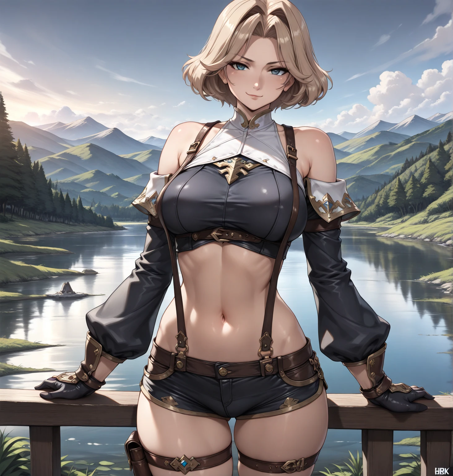 flat chests, nsfw, masterpiece, 1 girl, erect nipples, intricately detailed, topless, navel, bare shoulders, necklace, blonde hair, embarassed, scottish skirt, leather belt, mountainous horizon, mountains, lake, blue sky, extremely detailed, photorealistic, octane render, 8 k, unreal engine, bare breasts, nipples, aqua eyes, carrying spear, bare stomach, sweaty, people on background, oktoberfest, moist breath, child, arm strap, 1 side braid