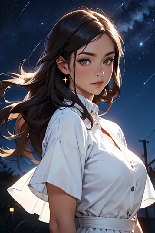 (Excellent: 1.2), (Highest Quality: 1.2), (Very Detailed: 1.2), (A girl standing in front of a window looking at the sky, brunette, medium hair, ponytail, dress shirt, long sleeves, miniskirt), (((Very detailed eyes and face))), ), (Upper body, right side of screen), (Night, starry sky, night view, Tokyo), (Big breasts, cleavage)