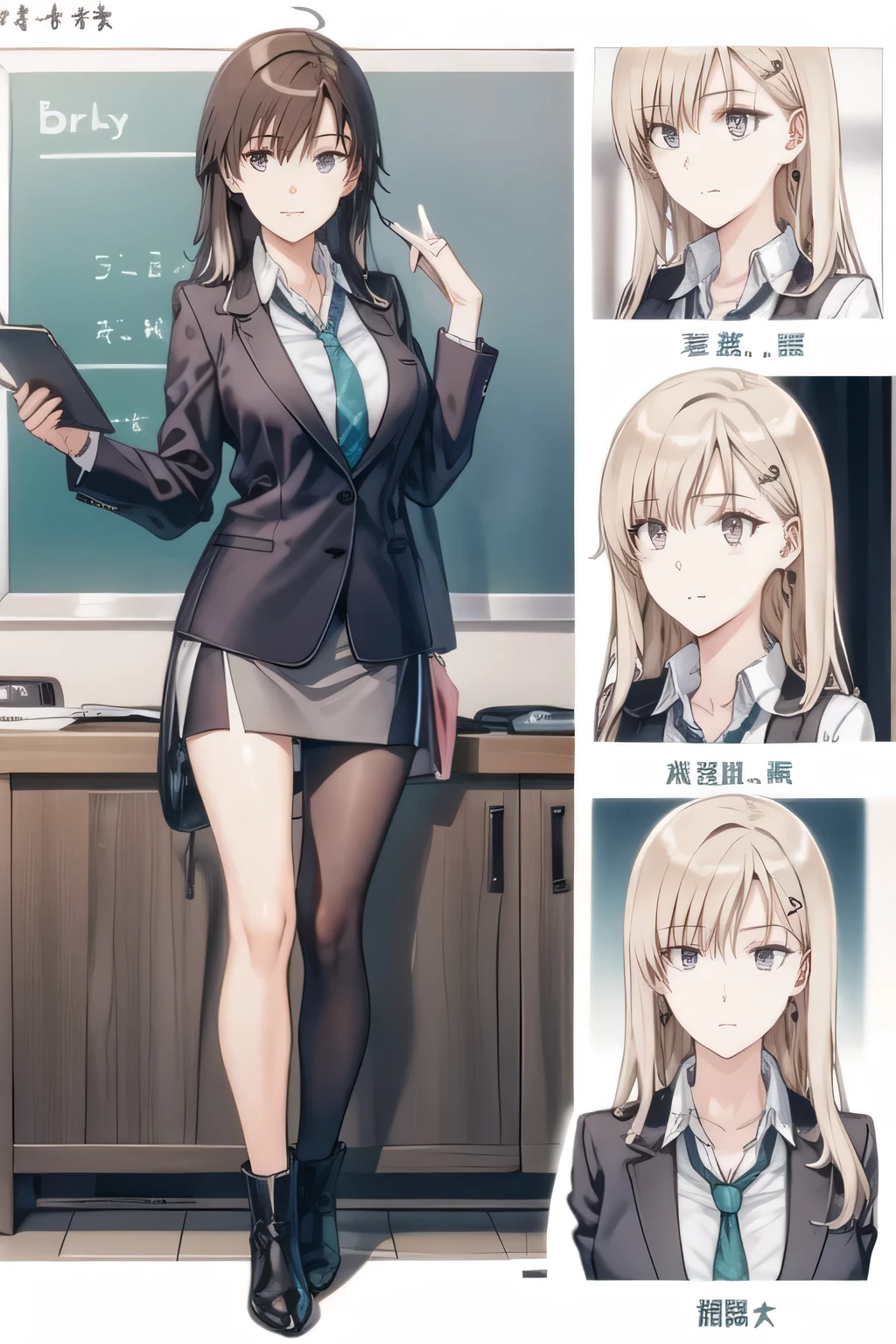 masterpiece: 1.6, Highest quality: 1.4, Live: 1.2, Intricate details: 1.2, 1 mature woman,28 years old,office lady,attractive office lady, alone, (Light brown hair), Long Hair, single ~ ~ sidelock, amount: 1.5, Deep blue eyes, Bright Eyes, Slender figure,Small breasts,(Exposed thighs:1.7),office casual style, (Black recruitment suit:1.5),White shirt,(Black tight skirt:1.2), Full Body Shot, Multiple Views, front, return, ~ ~ side, performance, ((Character setting material collection, Different poses of the same character, Character Reversal: 1.5, Multiple Views)), arms behind return, Portraiture, Happy, Are crying, Get angry, smile
