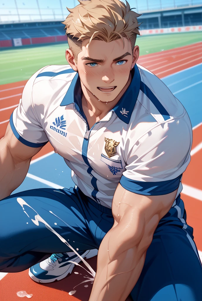 1 male, Japanese male model, high resolution 4k, adult, handsome, perfect face detail, detailed eyes and face, clean shaved, sixpack, white eyebrow hair, white eyelashes, Naked torso, Detailed face, perfect face, dynamic lighting, Real skin texture, detail Perfect hand details, Real and complete hand details, unreal engine, hd picture, satoru gojo, Jujutsu kaisen, white hair, short hair ,hair between eyes ,blue eyes, white skin, wolf ears, wolf tail, background football field, undershirt