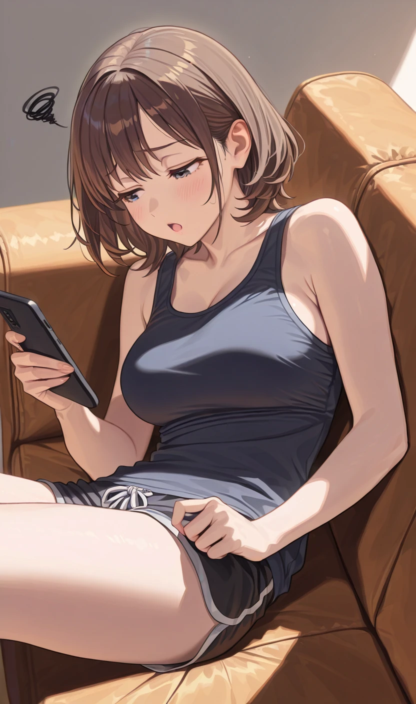 (masterpiece), best quality, expressive eyes, perfect face, demon girl, long light and dark brown hair, brown, boring eyes, perfect round big breasts, black long sleeve t-shirt, black shorts, black stockings, thick thighs, perfect arms and hands, at home, sitting on the couch, watching TV while texting his brother, nsfw