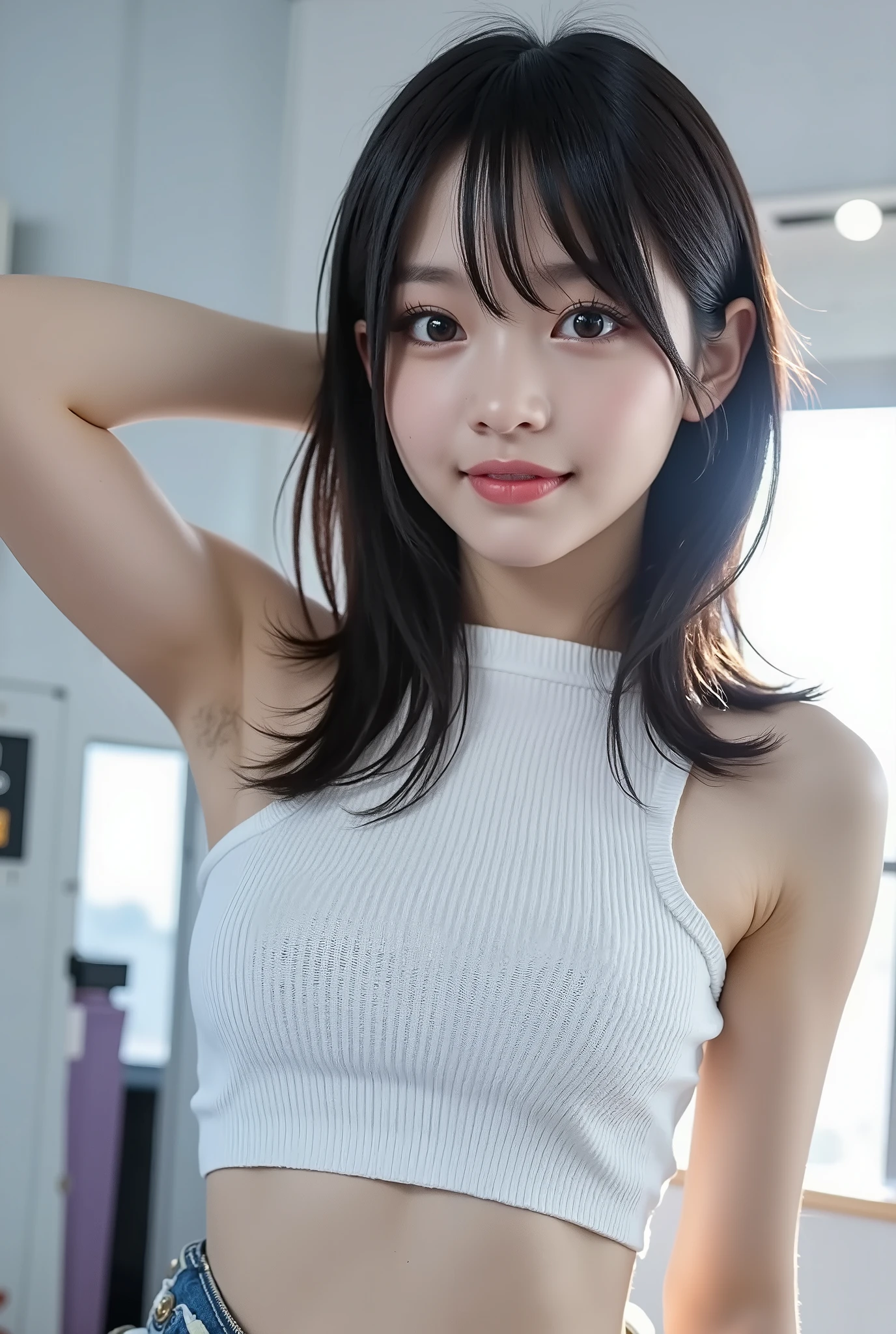 {{{top quality}, {masterpiece}, {16k、very detailed}, {Beautiful skin}, {professional lighting)}},{Highly Accurate Selection},{{{{chestの上の顔の写真}}}},{{One high school girl :Smile Yan:chest:Nipples}}、{{{{Smile:big double eyelids:mascara: teardrop bag:long eyelashes:1.8}}}、{{透けて見える白いタンクトップ-Nipples:1.8}},{{bob cut::Princess Cut:ponytail:1.8}},