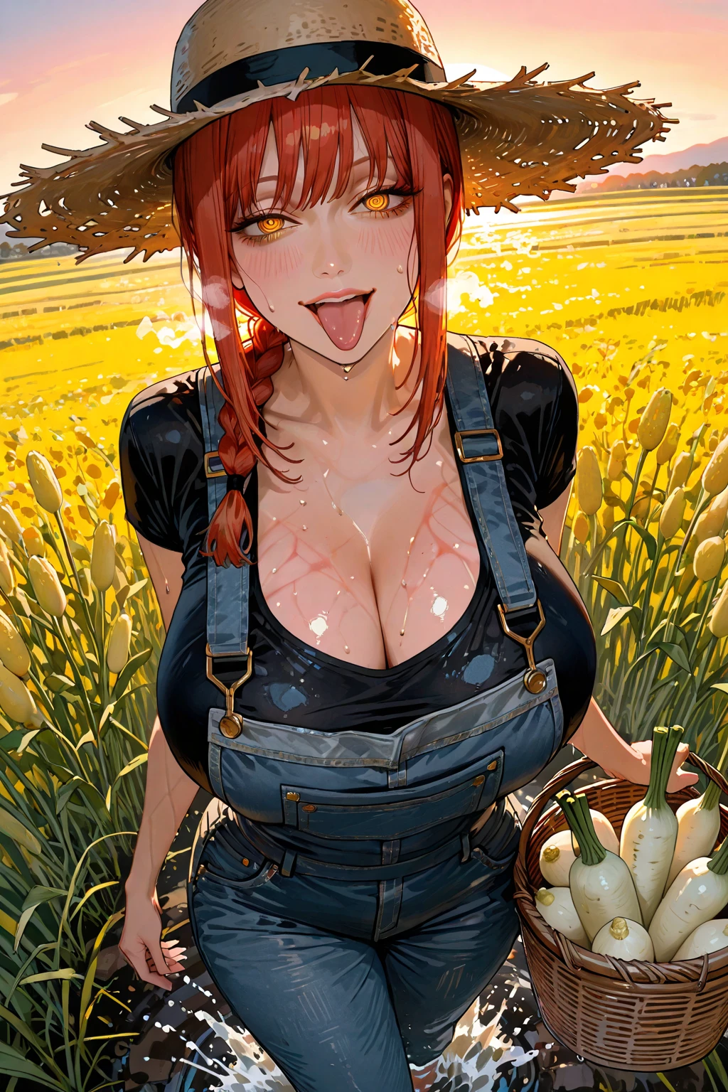 1girl,long hair,red hair,red eyes,jewelry hairband, short hair, bob cut,masterpiece, high quality, best quality, an aroused girl, (grabbing_own_breast:1.4), cleavage, lingerie, purple hair, freckles, hairs, straw hat, plaid shirt, denim shorts, (sitting in a corn field), open mouth, (blush:1.2), (sweat:1), (sunny:1.2) female masturbation
