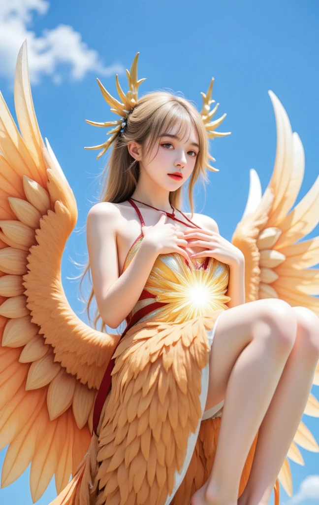 Official Art, rich and colorful, Colored background, Splash of Color,Perspective,  Beautiful woman with delicate features,(Macka style), Full body portrait, best quality,masterpiece,Ultra-high resolution,Modern, Chinese, Rhythm, Oriental beauty blue eyes (Wide-angle lens, Wide-angle lens,panoramic:1.2),Super Vision, Super wide-angle low-angle shooting, 超Wide-angle lens, (ring:1.3)Bow hair flower angel(Milky white skin, Glowing skin:1.5)(bandage:1.4)Feather wings Angel wings Bare feet Blushed face Blood on clothes (Thin legs:1.5), Platinum blonde hair, Own hands folded medium breasts
