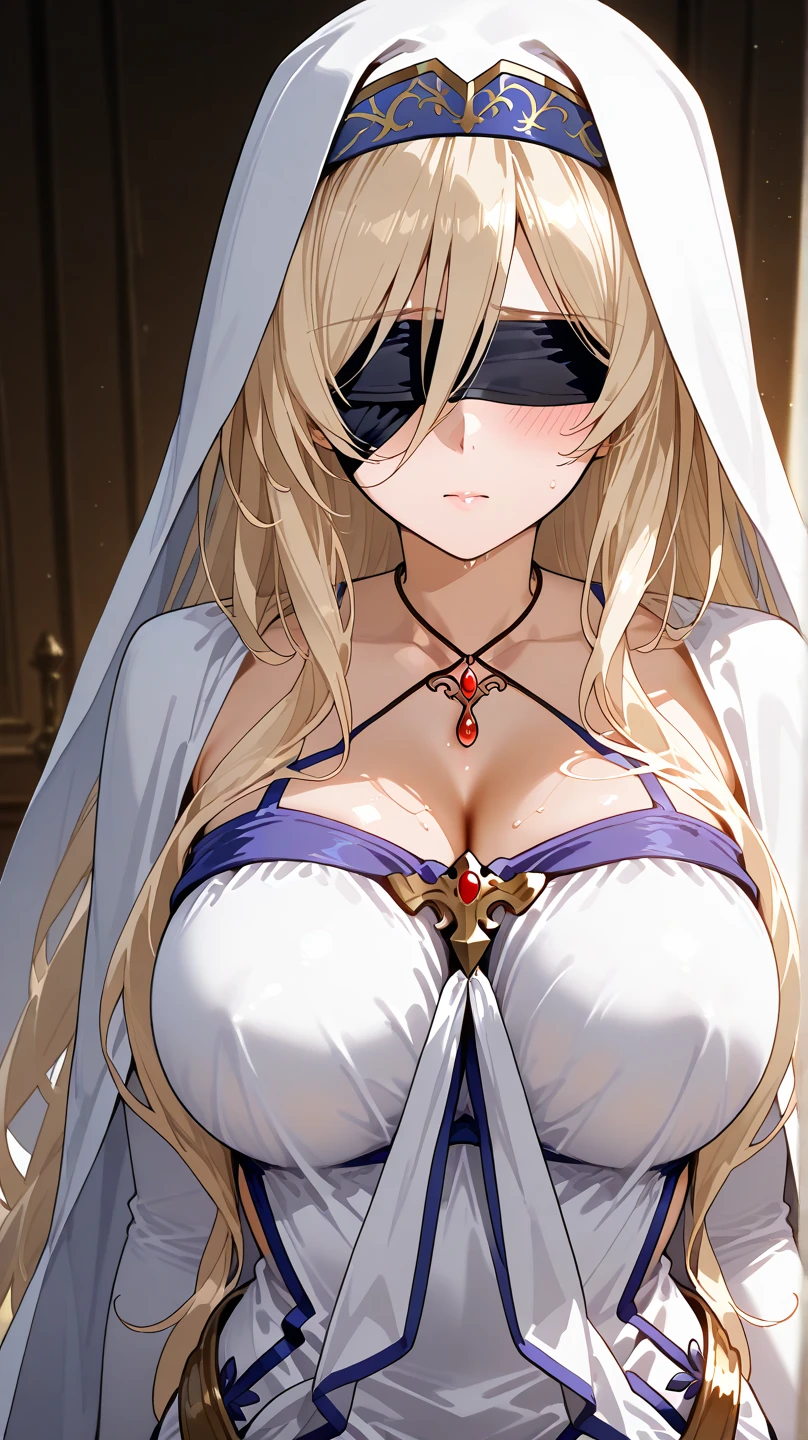 masterpiece), best quality, expressive eyes, perfect face, big breast, white and yellow dress, long blonde hair, long hair, white skin, blindfolded, pure magic, Milf, looking at viewer, light aura, black blindfold, frown,