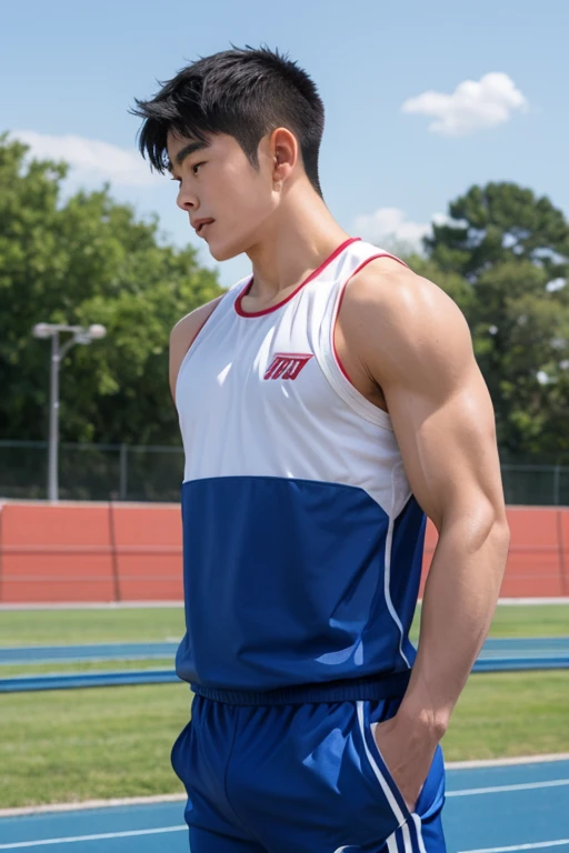 Boys on the track and field,sweat leggs,Photos during exercise,in track outfit,Run,Masculine,Exquisite facial features,virile,musculature,rich facial detail((The crotch is raised))full bodyesbian , handsome boy , the crotch is plump , only male , only boy
